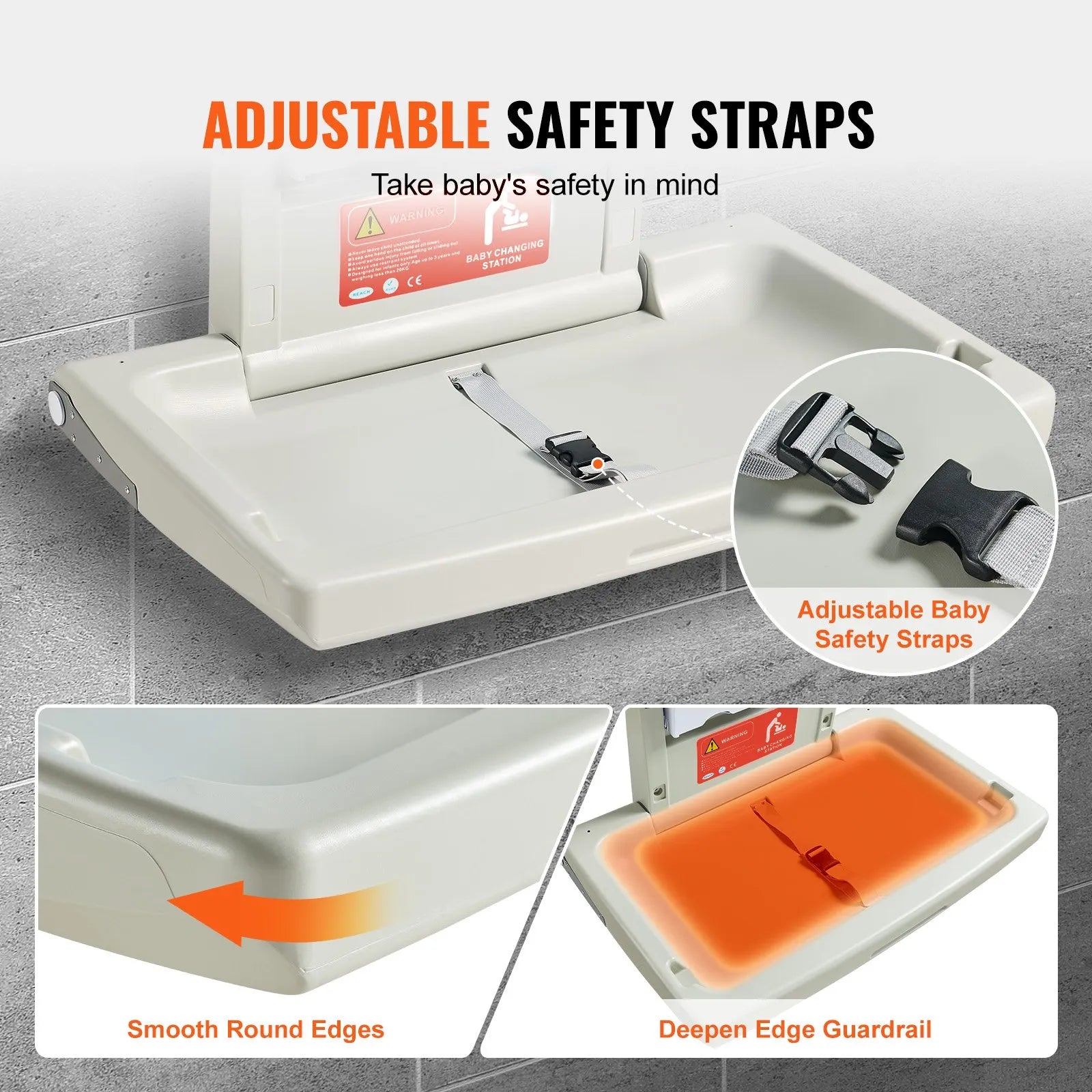 VEVOR Wall-Mounted Baby Changing Station, Horizontal Foldable Diaper Change Table with Safety Straps and Hanging Rods, Use in Commercial Bathrooms, Daycare Centers for Newborns & Infant