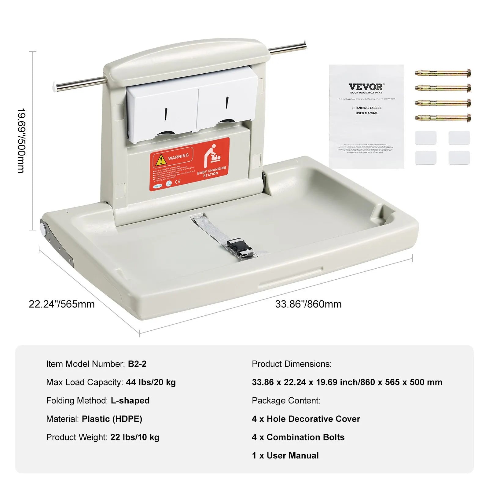 VEVOR Wall-Mounted Baby Changing Station, Horizontal Foldable Diaper Change Table with Safety Straps and Hanging Rods, Use in Commercial Bathrooms, Daycare Centers for Newborns & Infant