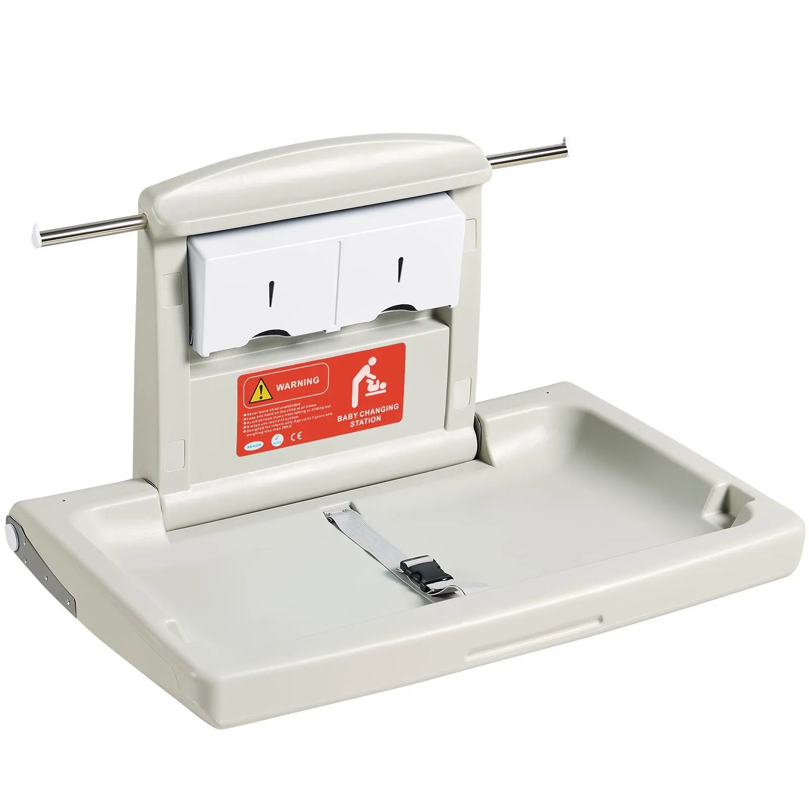 VEVOR Wall-Mounted Baby Changing Station, Horizontal Foldable Diaper Change Table with Safety Straps and Hanging Rods, Use in Commercial Bathrooms, Daycare Centers for Newborns & Infant