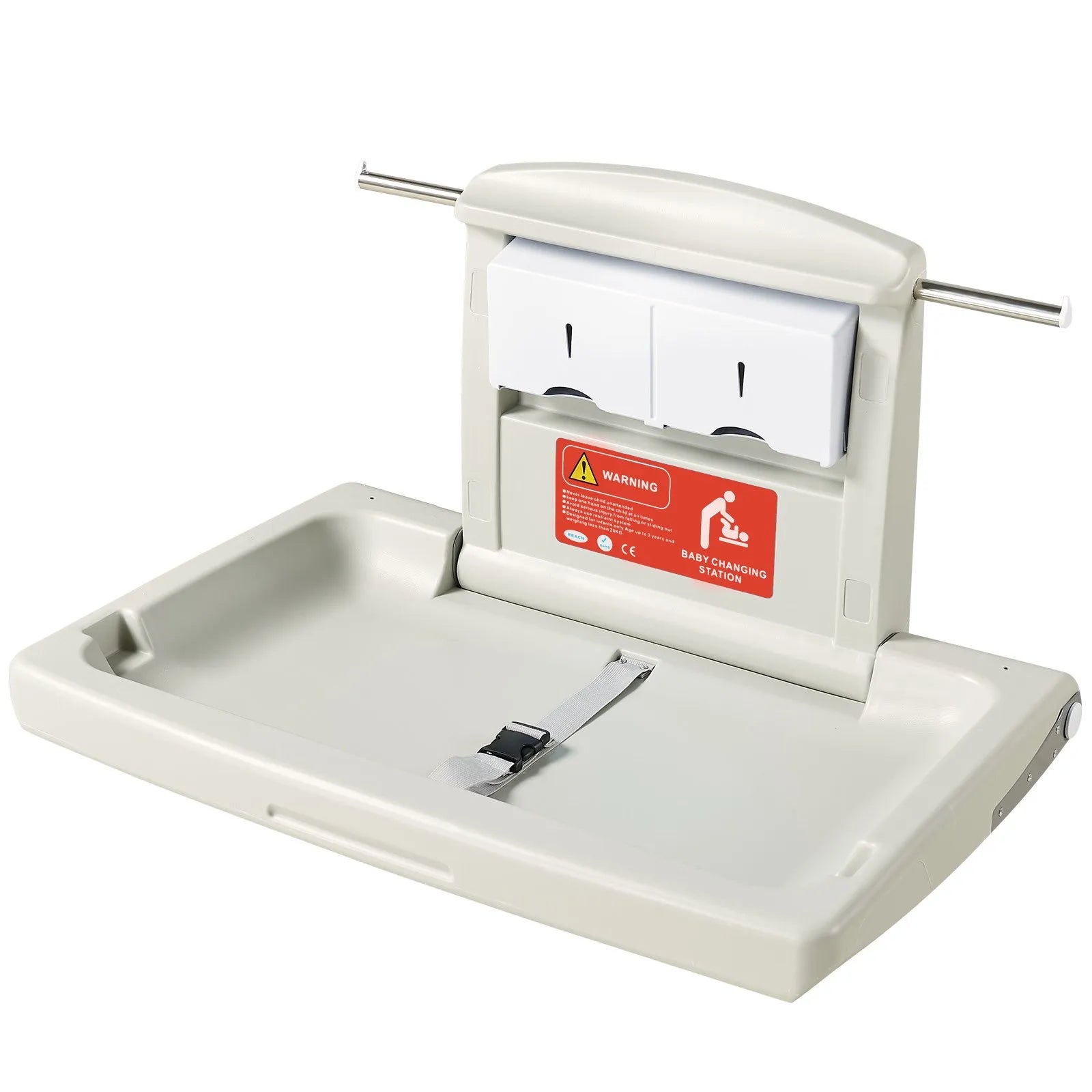 VEVOR Wall-Mounted Baby Changing Station, Horizontal Foldable Diaper Change Table with Safety Straps and Hanging Rods, Use in Commercial Bathrooms, Daycare Centers for Newborns & Infant