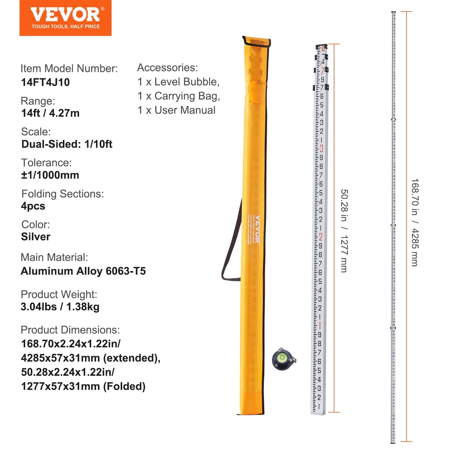 VEVOR Measuring Rod 14-Feet/10ths 6 Sections Telescopic Grade Rod 1/10 ft w/ Bag