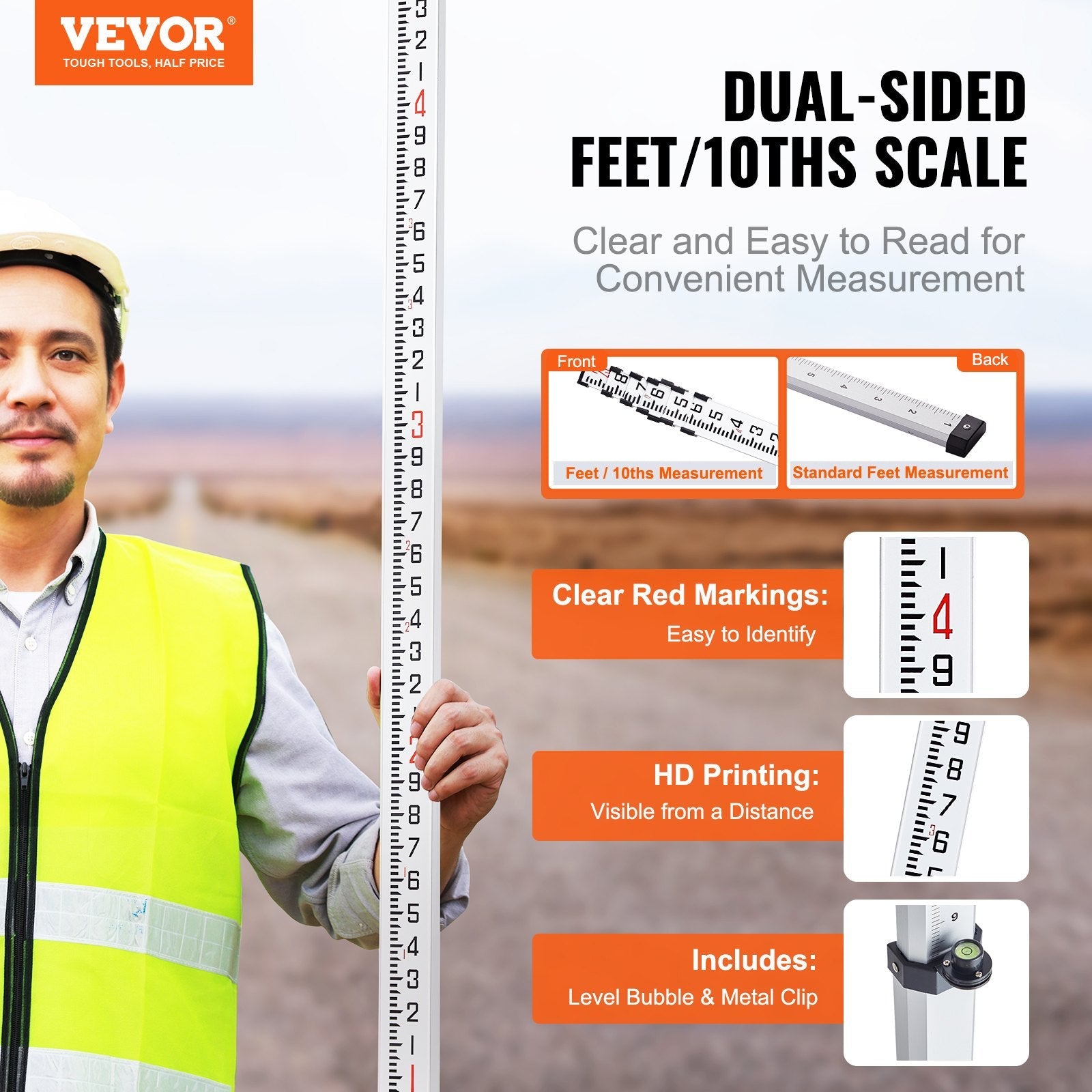 VEVOR Measuring Rod 25-Feet/10ths 6 Sections Telescopic Grade Rod 1/10ft w/ Bag