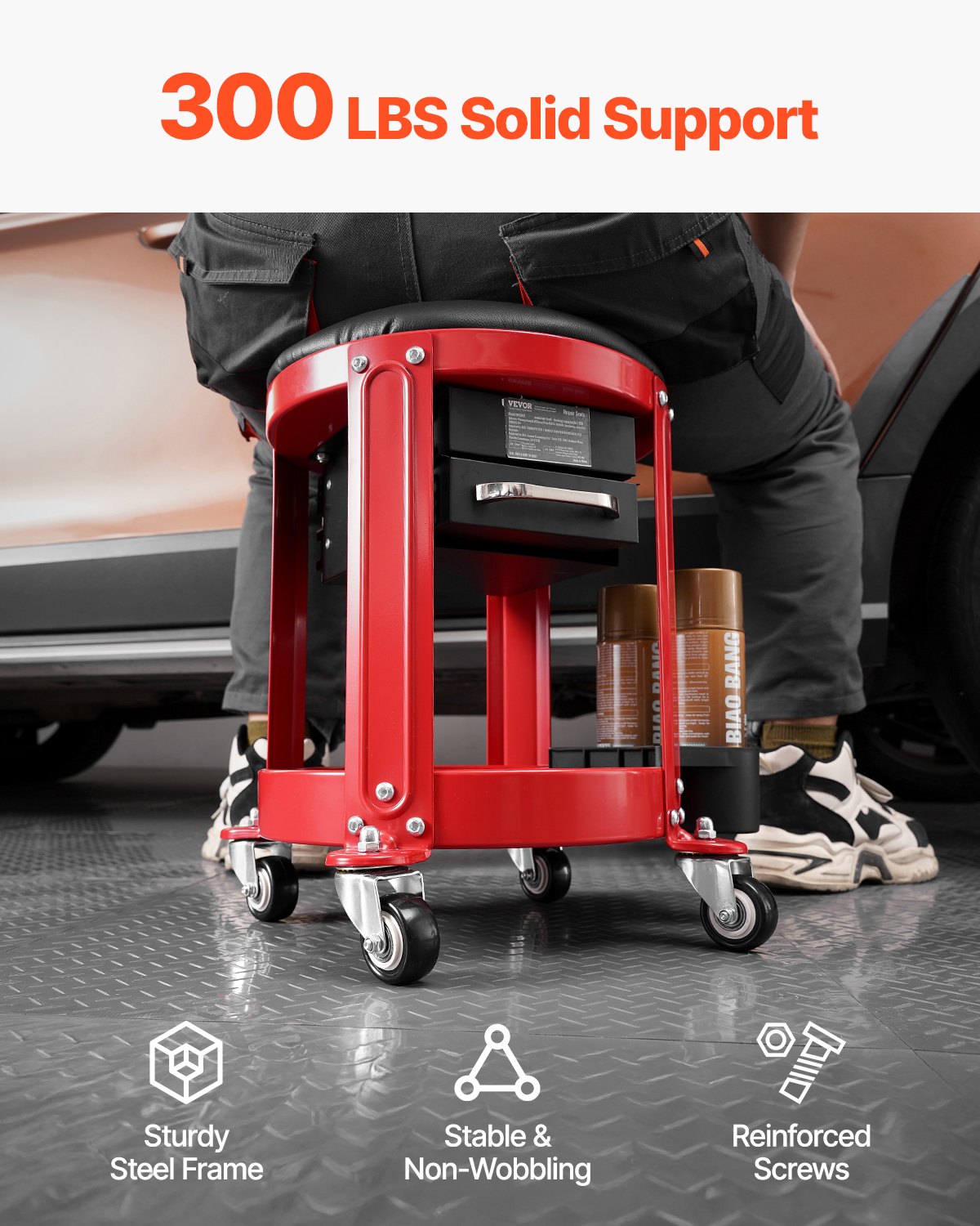 VEVOR Rolling Mechanic Stool Garage Seat 300 lbs Load with Wheels & Storage