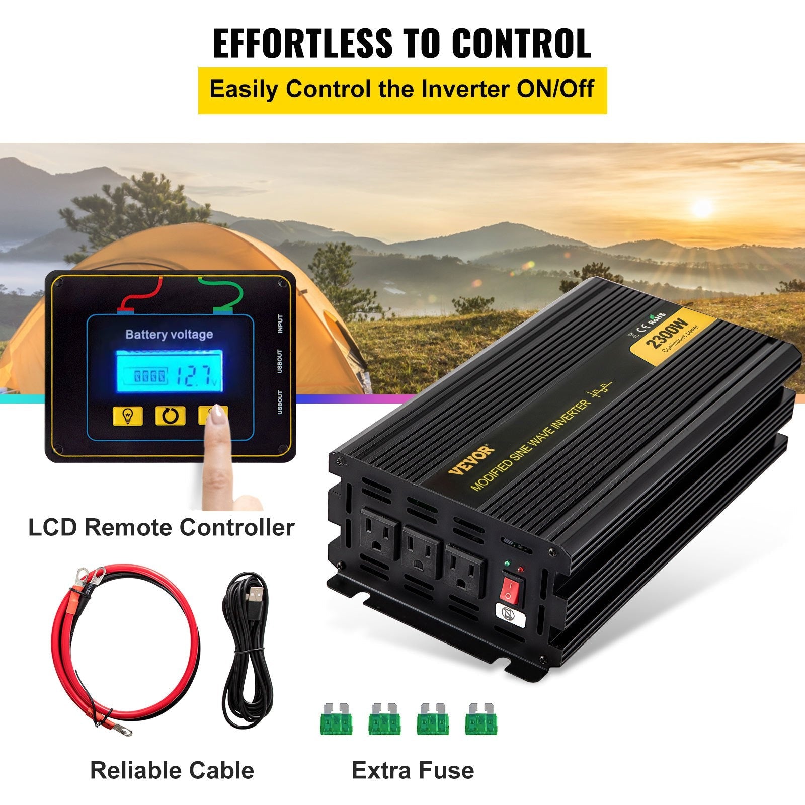 VEVOR Power Inverter, 2300W Modified Sine Wave Inverter, DC 24V to AC 120V Car Converter, with LCD Remote Controller, LED Indicator, AC Outlets Inverter for Truck RV Car Boat Travel Camping Emergency