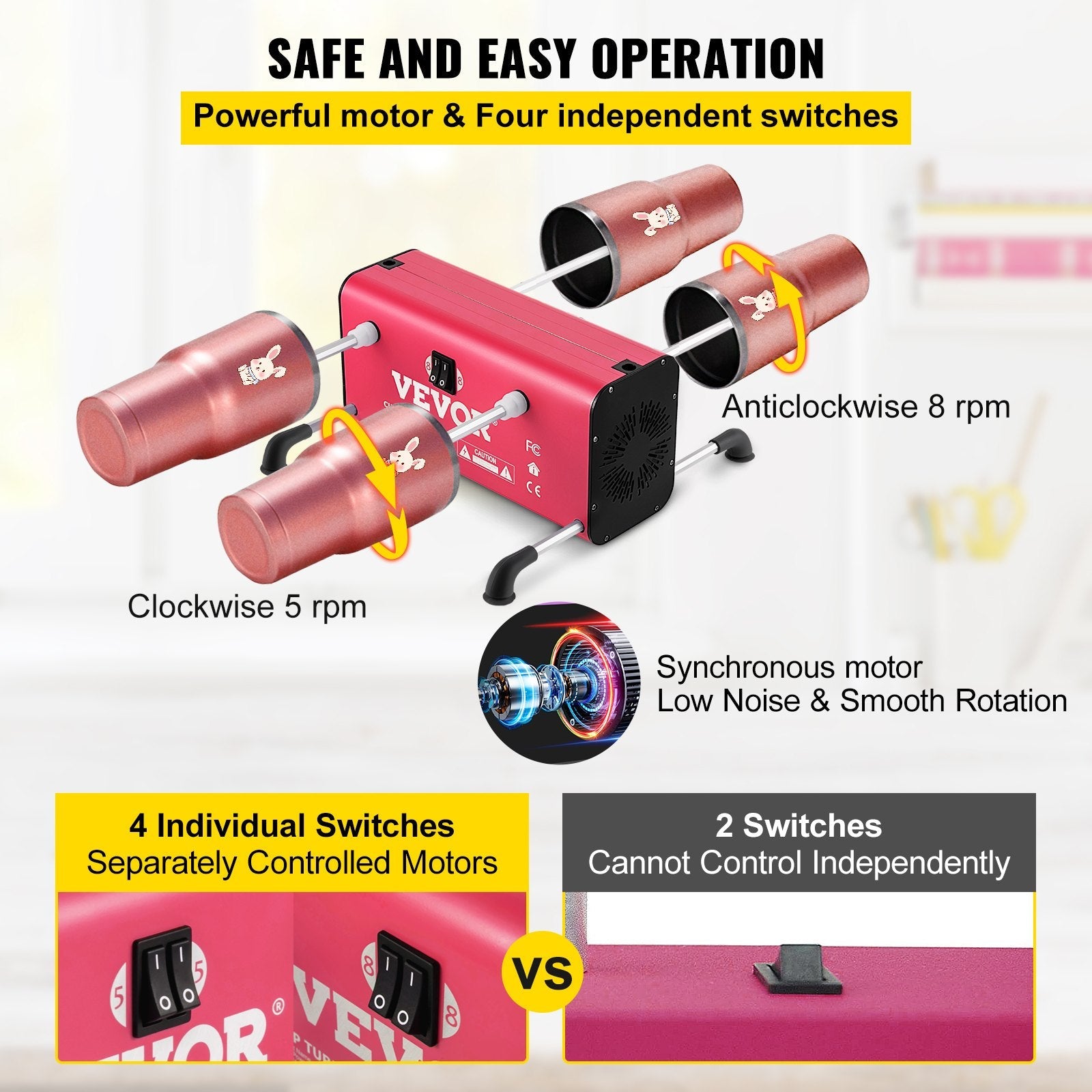 VEVOR 4 Cup Turner, 2 Speeds Multiple Tumbler Spinner Rotator Machine Kit with 4 Removable and Adjustable Arms, Mute Motor, Aluminum Alloy Frame, 4 Independent Switches for DIY Glitter Crafts Red