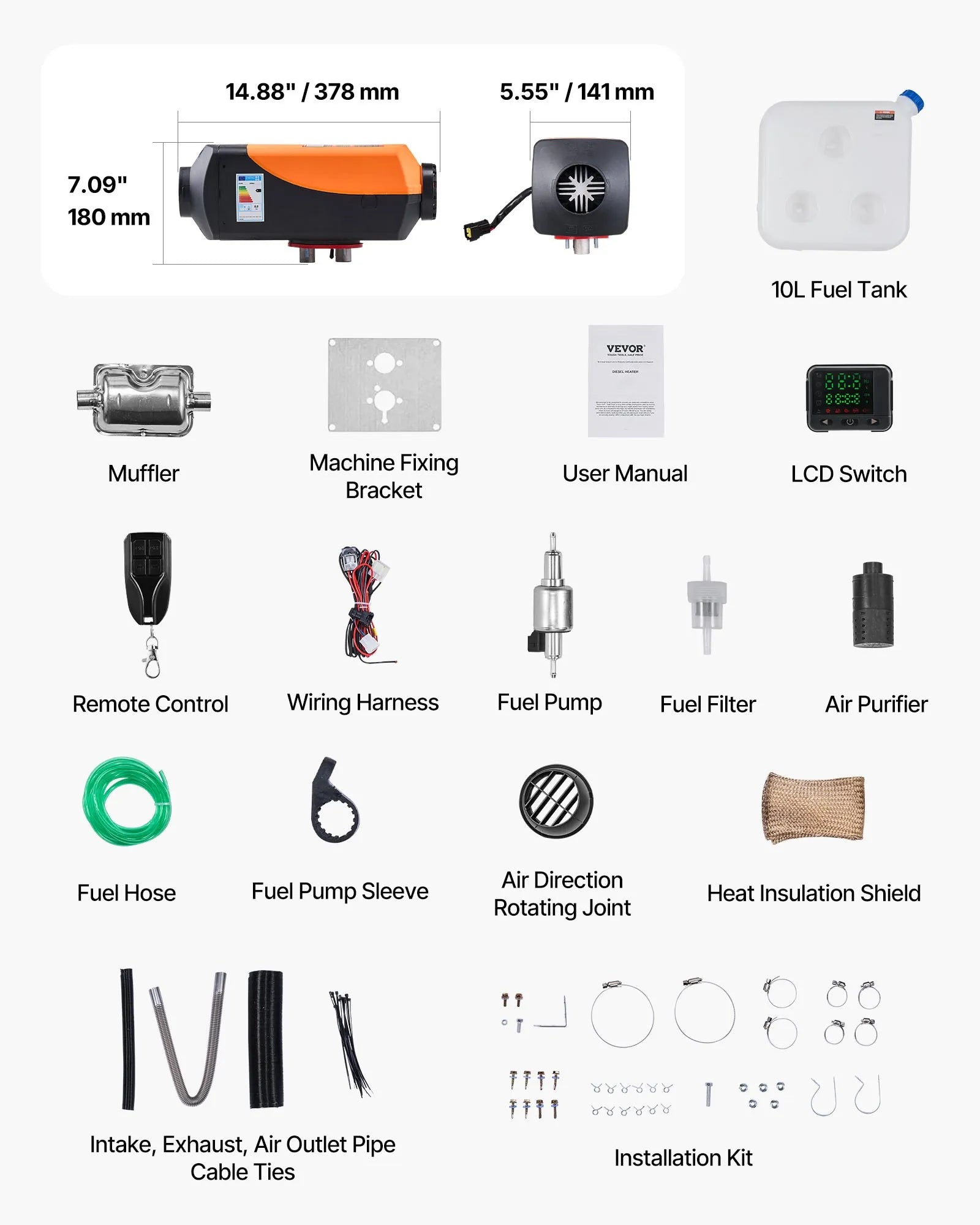VEVOR 8 kW Diesel Air Heater DC12-24V with Remote & LCD, 10L Fuel Tank, Low Noise for RV, Truck, Boat