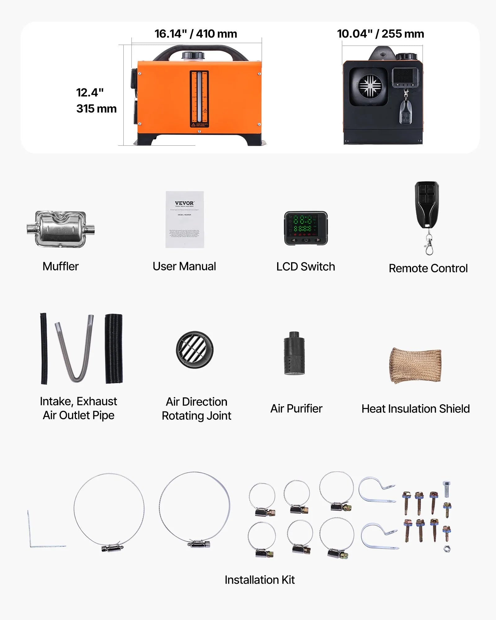 VEVOR Diesel Air Heater, 8 kW DC12-24V, Fast Heating Diesel Parking Heater with Remote Control and Square Color Digital Display, Low Noise, Voice Announcement, for RV, Truck, Camper, Boat and Trailer