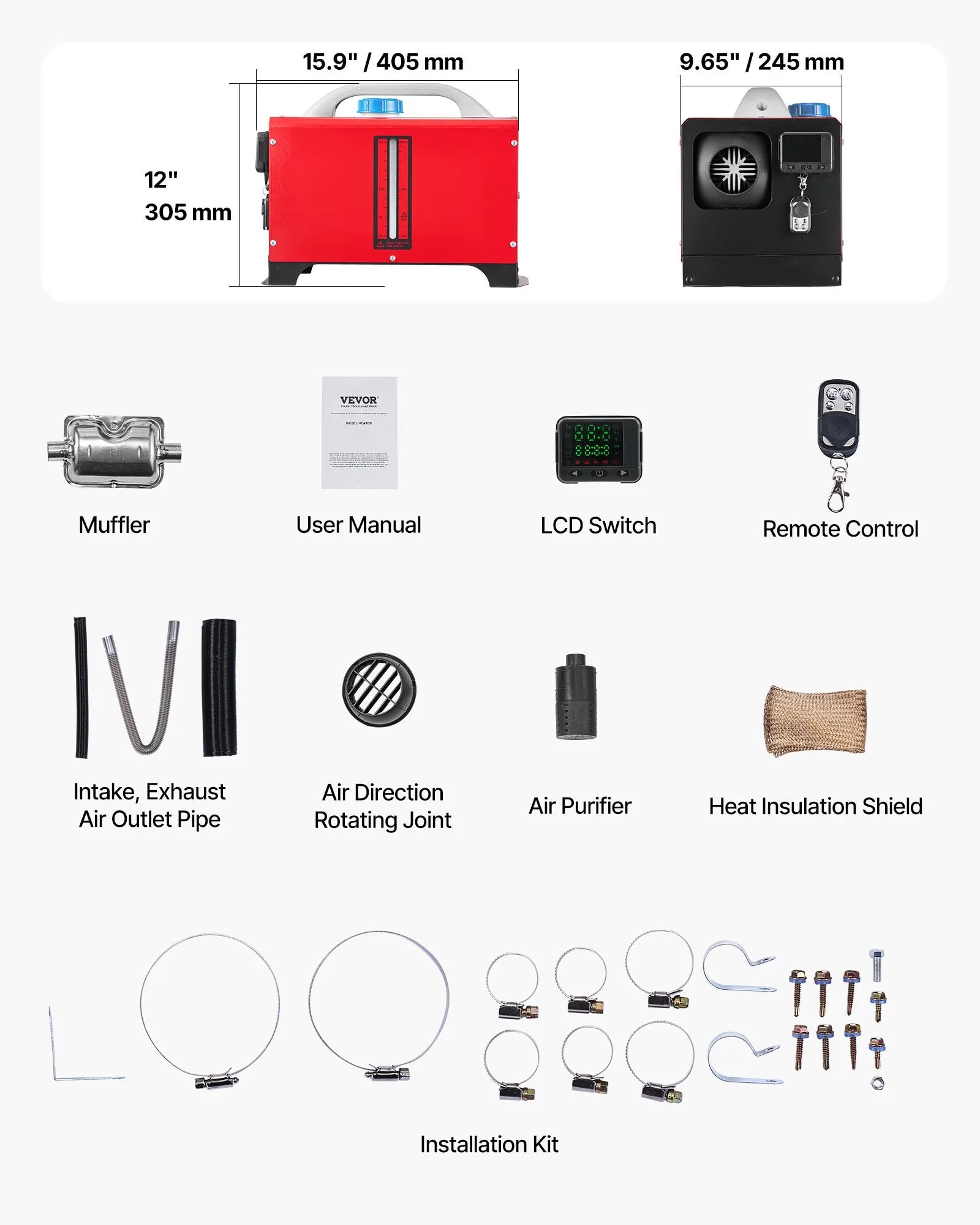VEVOR 8 kW Diesel Air Heater – DC12-24V Fast Heating with Remote Control and Black LCD, Low Noise, Pre-Heating Function for RV, Truck, Camper, Van, Boat, and Trailer
