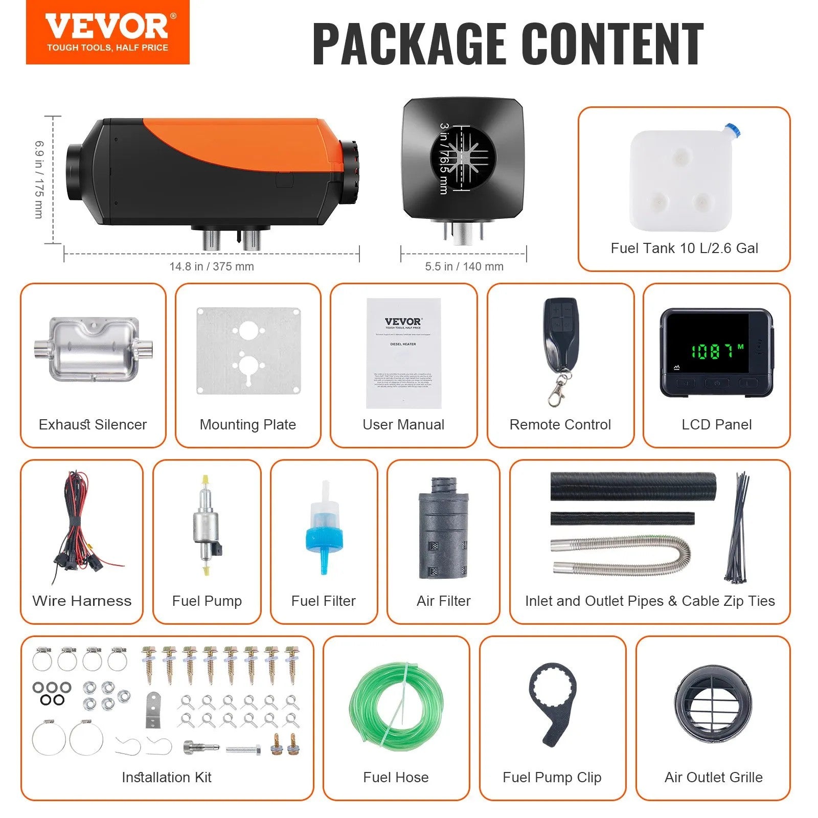 Diesel Air Heater, 12V 5KW Diesel Heater with Remote Control and LCD Display, 10L Fuel Tank Diesel Parking Heater, Rapid Heating for RV Trailer Camper Van Boat And Indoors