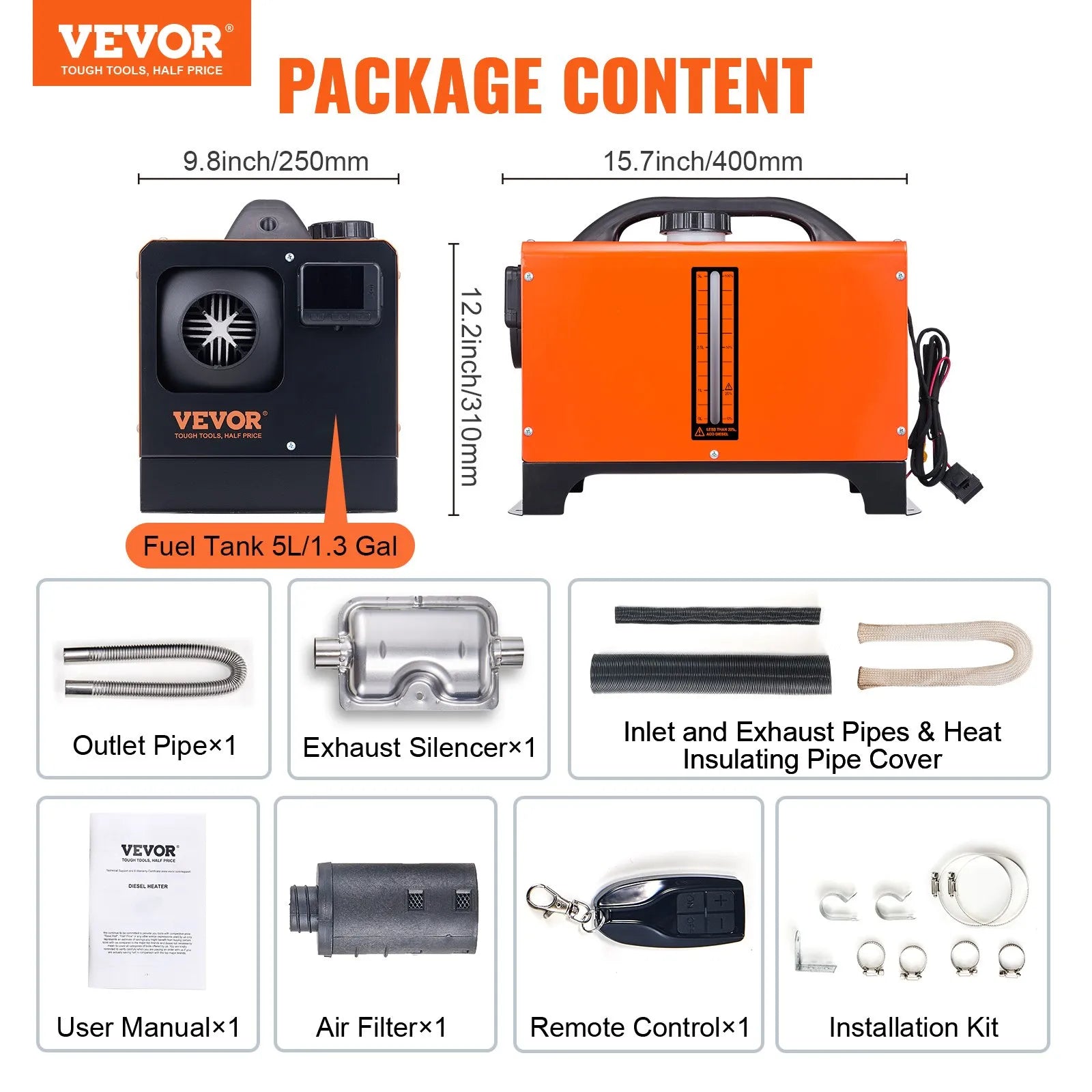 VEVOR 5KW 12V All-in-One Diesel Air Heater with LCD Display and Remote Control, 5L Fuel Tank, Portable Diesel Parking Heater for RV, Trailer, Camper, Van, and Boat