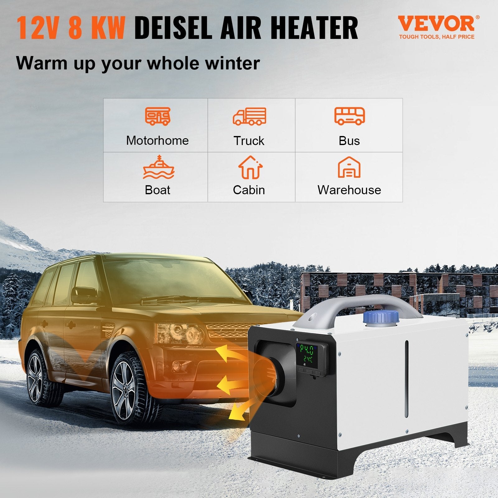 VEVOR Diesel Air Heater 8KW Parking Heater 12V Truck Heater, One Air Outlet, with Black LCD Switch, Remote Control, Fast Heating Compact Diesel Heater, For Car, RV Truck, Boat, Campervans, Caravans