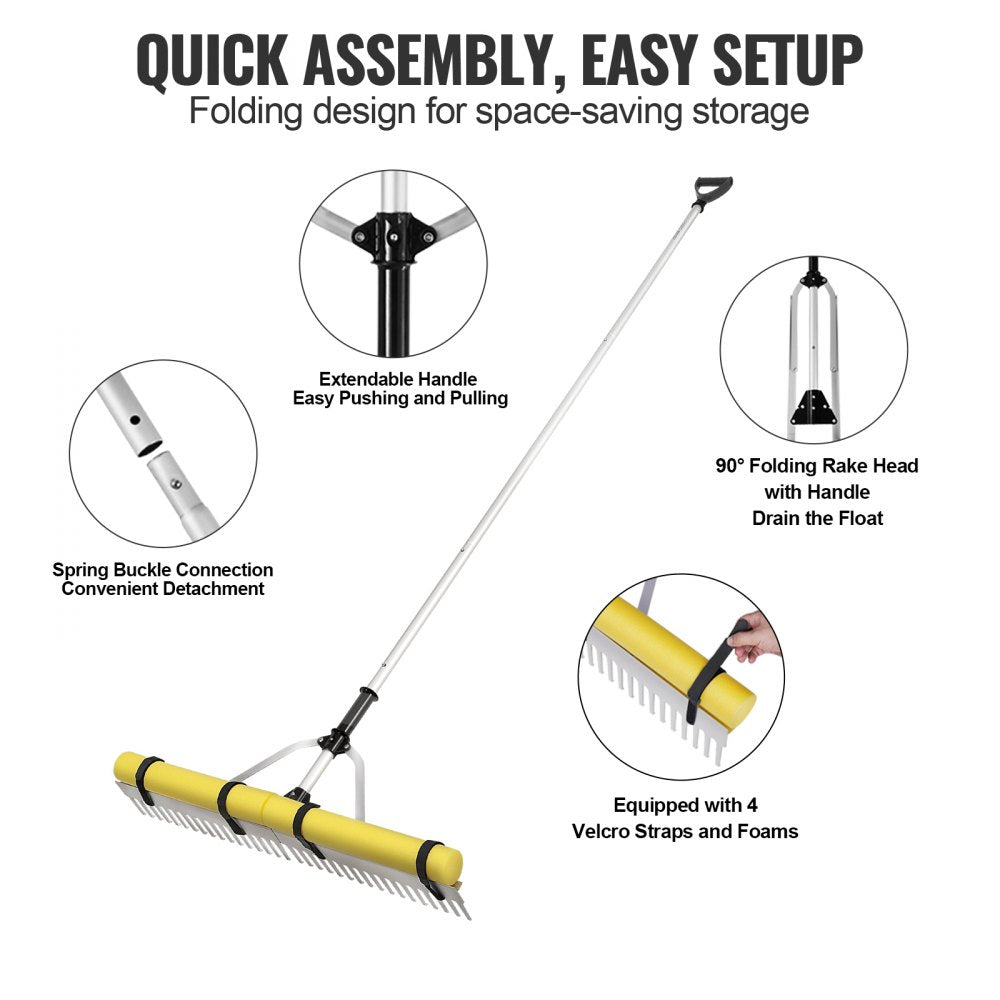 VEVOR Landscape Rake, 36" Head Aluminum Landscape Rake, Lake Weed Rake with 102.36" Adjustable Extension Handle, Rope and Float, for Loosening Soil, Lawn Care, Weeding Lake, Garden, Pond