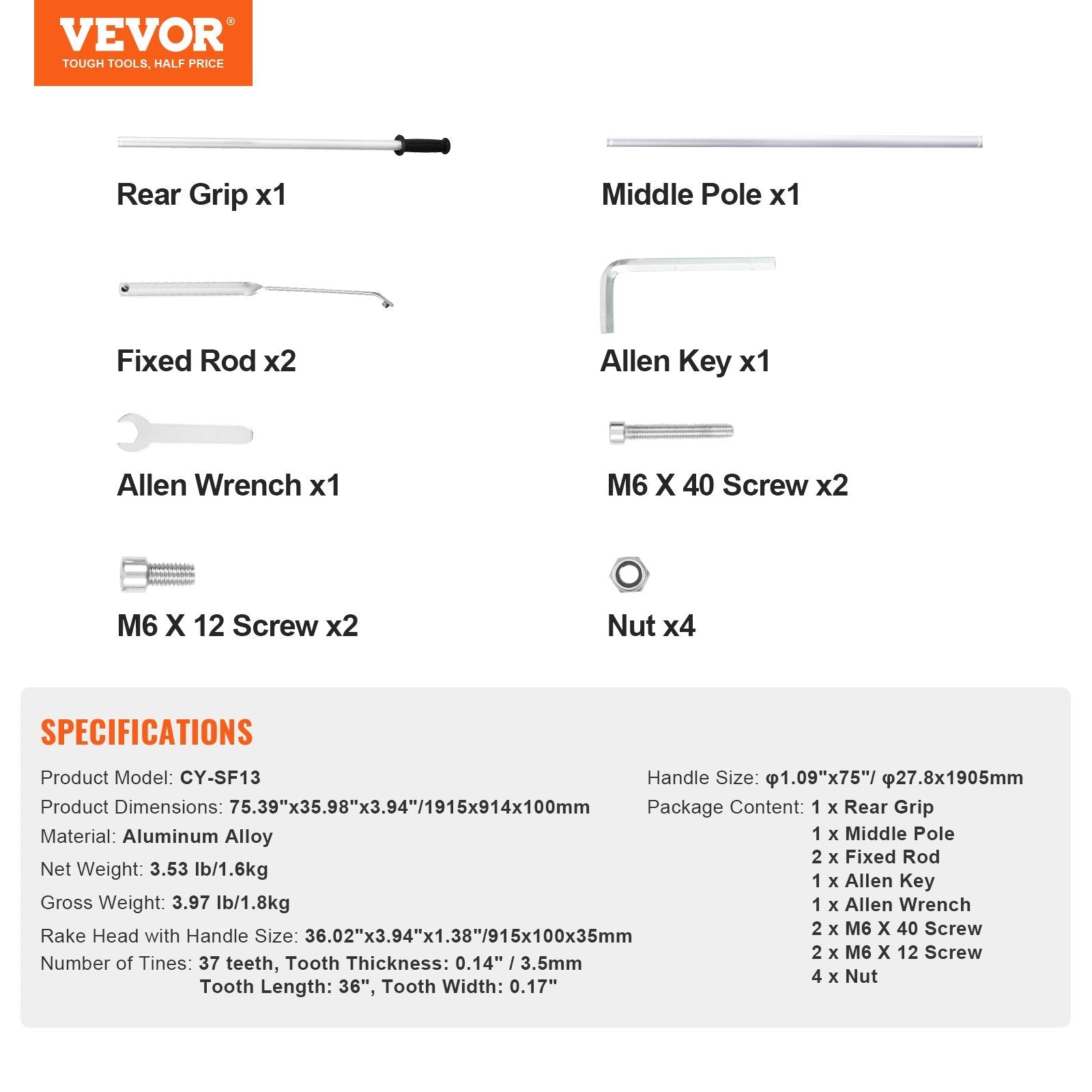 VEVOR Landscape Rake, 36" Head Aluminum Landscape Rake, Lake Weed Rake with 75" Long Handle, for Loosening Soil, Lawn Care, Weeding Lake, Garden, Pond