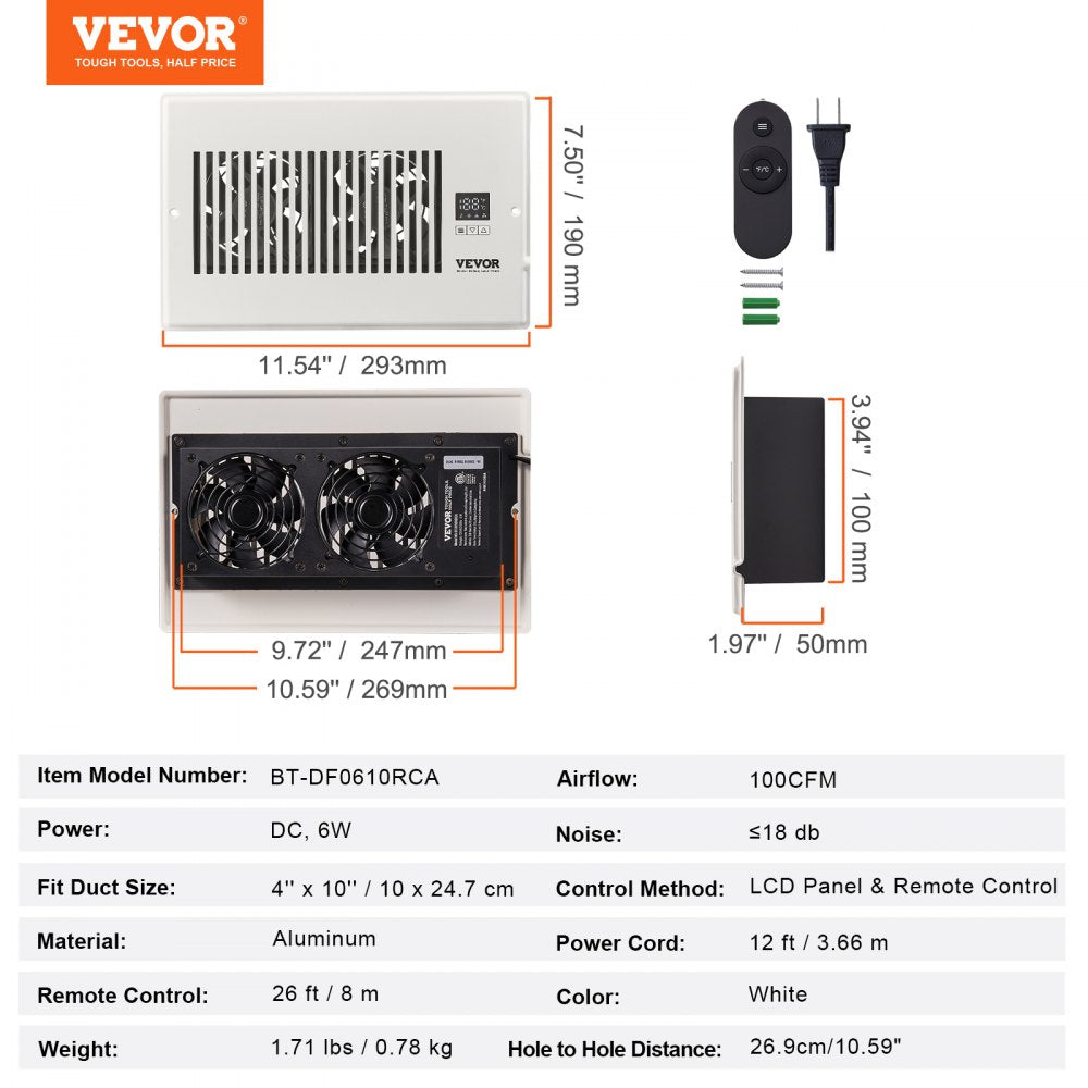 VEVOR Register Booster Fan, Quiet Vent Booster Fan Fits 6” x 10” Register Holes, with Remote Control and Thermostat Control, Adjustable Speed for Heating Cooling Smart Vent, White