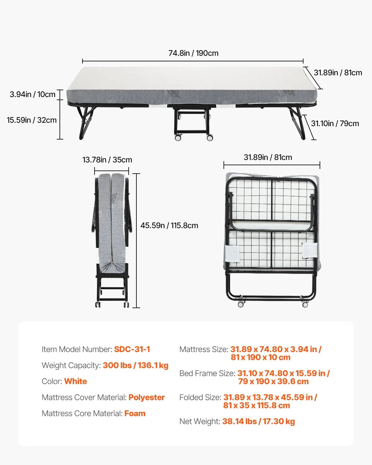 VEVOR Rollaway Bed Folding Bed with 4 inches Foam Mattress for Adults & Guest