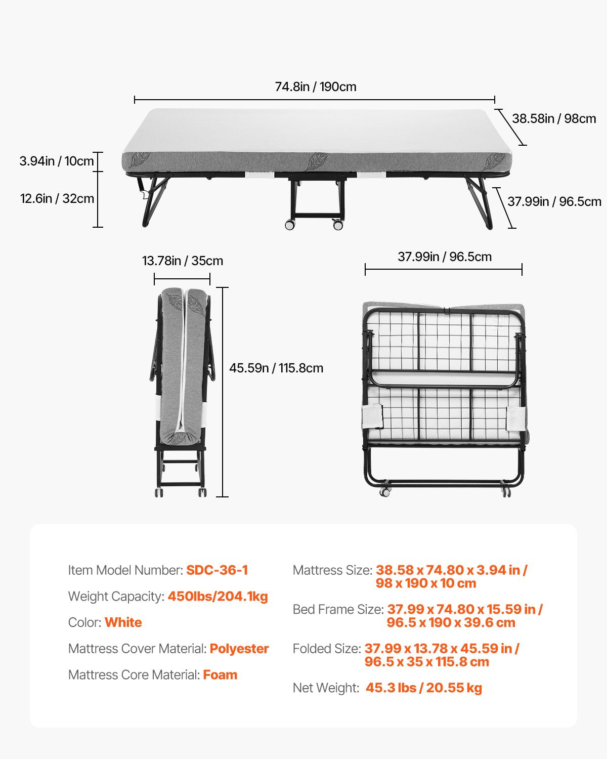 VEVOR Rollaway Bed Folding Bed with 4 in Foam Mattress for Adults and Guest