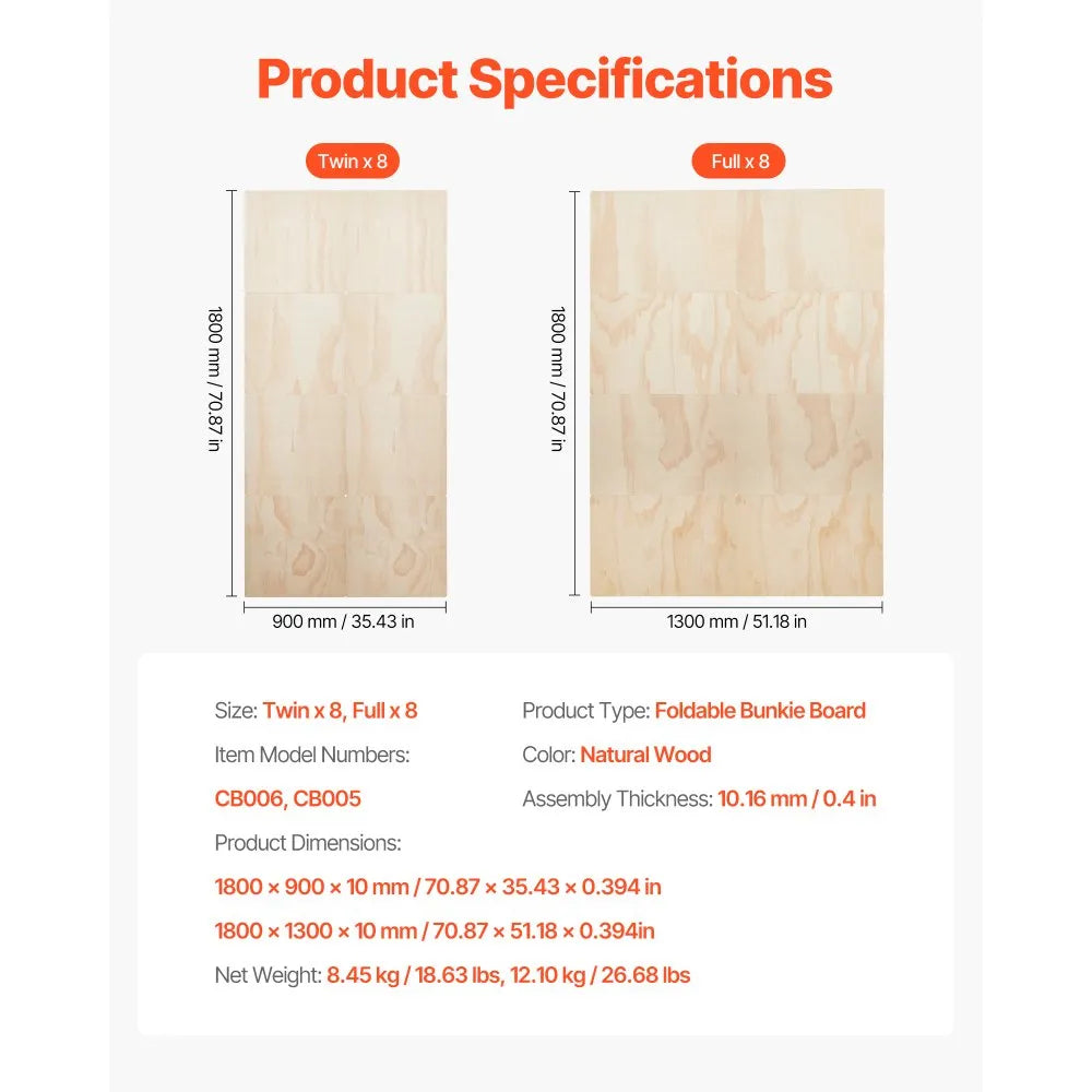 VEVOR Full Size Bunkie Board 0.4" Foldable Bed Board Slats with Connection 8 Pcs