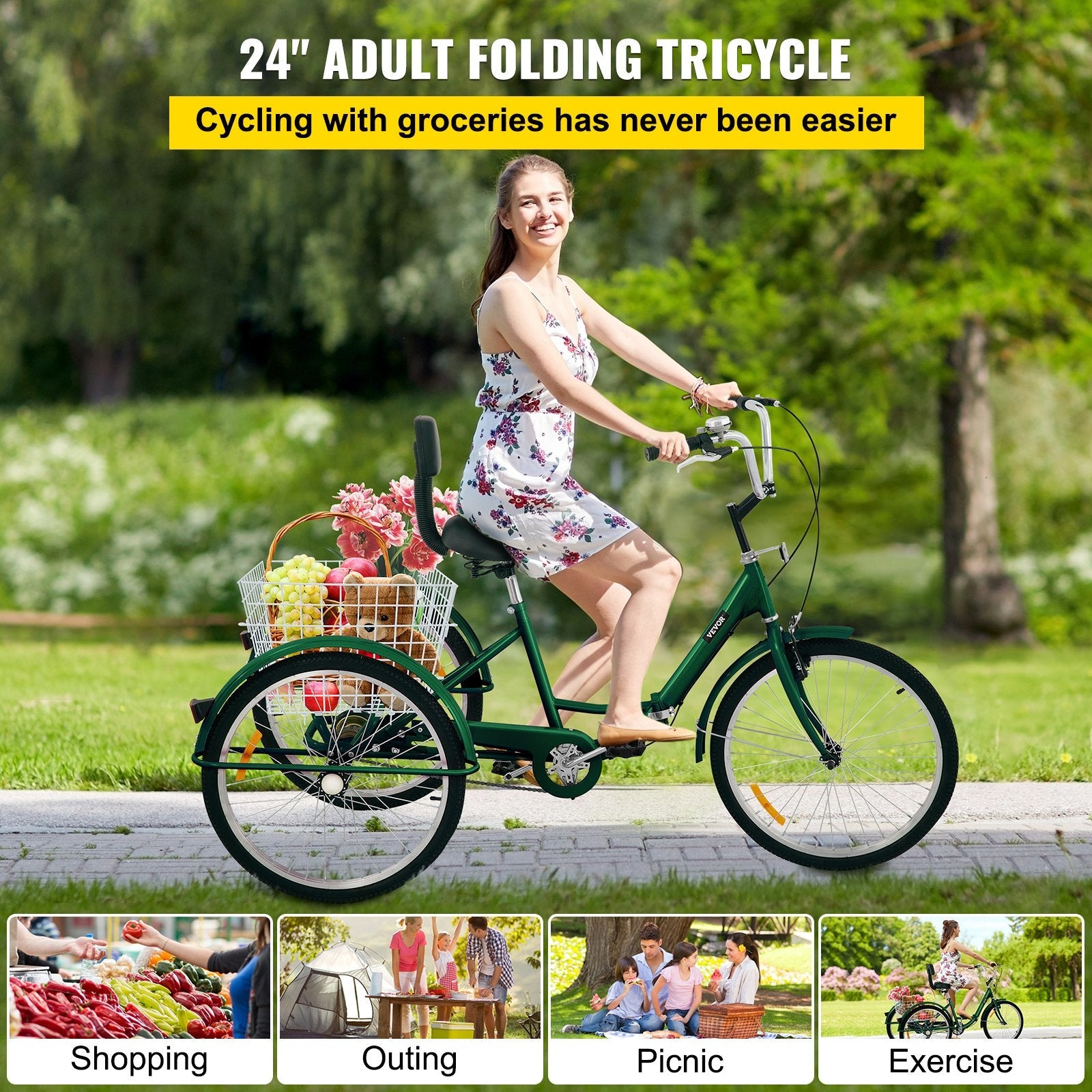 VEVOR Foldable Tricycle 24’’ Wheels, 1-Speed Green Trike, 3 Wheels Colorful Bike With Basket, Portable And Foldable Bicycle for Adults Exercise Shopping Picnic Outdoor Activities