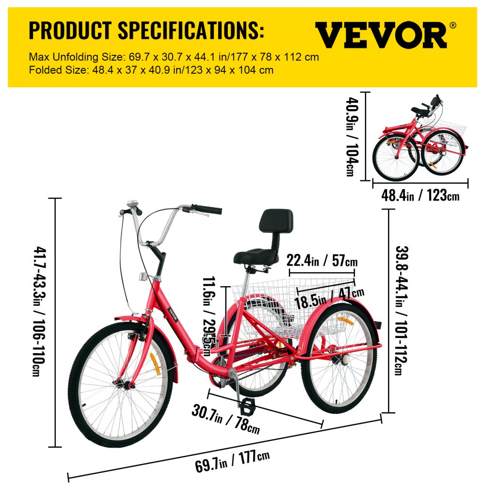 VEVOR Tricycle Adult 24’’ Wheels Adult Tricycle 1-Speed 3 Wheel Bikes For Adults Three Wheel Bike For Adults Adult Trike Adult Folding Tricycle Foldable Adult Tricycle 3 Wheel Bike Trike For Adults