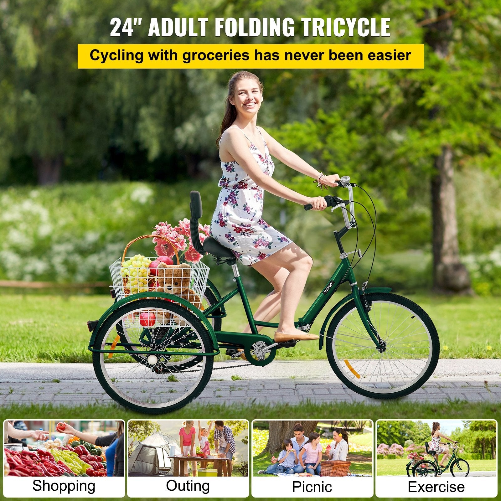 VEVOR Tricycle Adult 24’’ Wheels Adult Tricycle 7-Speed 3 Wheel Bikes For Adults Three Wheel Bike For Adults Adult Trike Adult Folding Tricycle Foldable Adult Tricycle 3 Wheel Bike Trike For Adults
