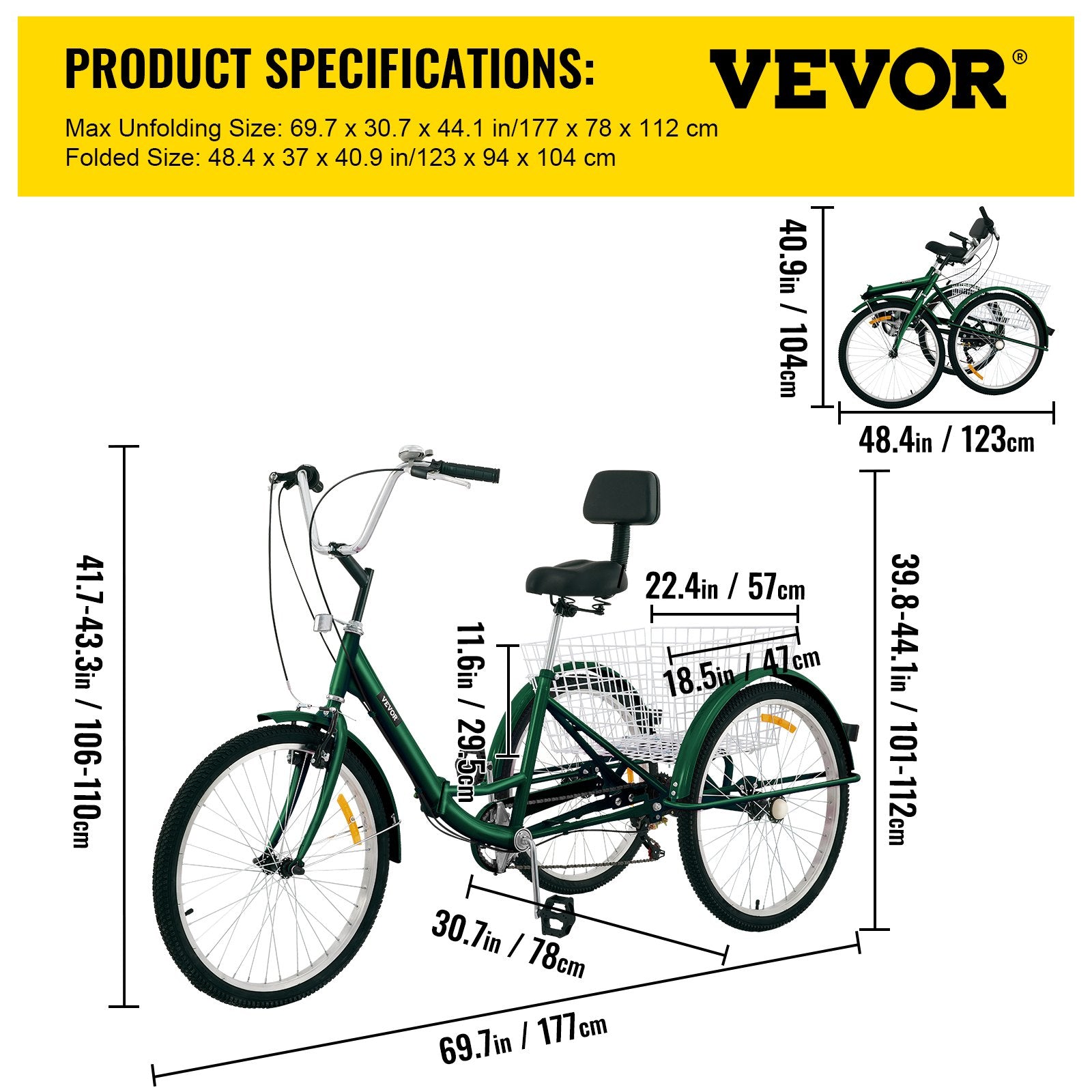 VEVOR Tricycle Adult 24’’ Wheels Adult Tricycle 7-Speed 3 Wheel Bikes For Adults Three Wheel Bike For Adults Adult Trike Adult Folding Tricycle Foldable Adult Tricycle 3 Wheel Bike Trike For Adults
