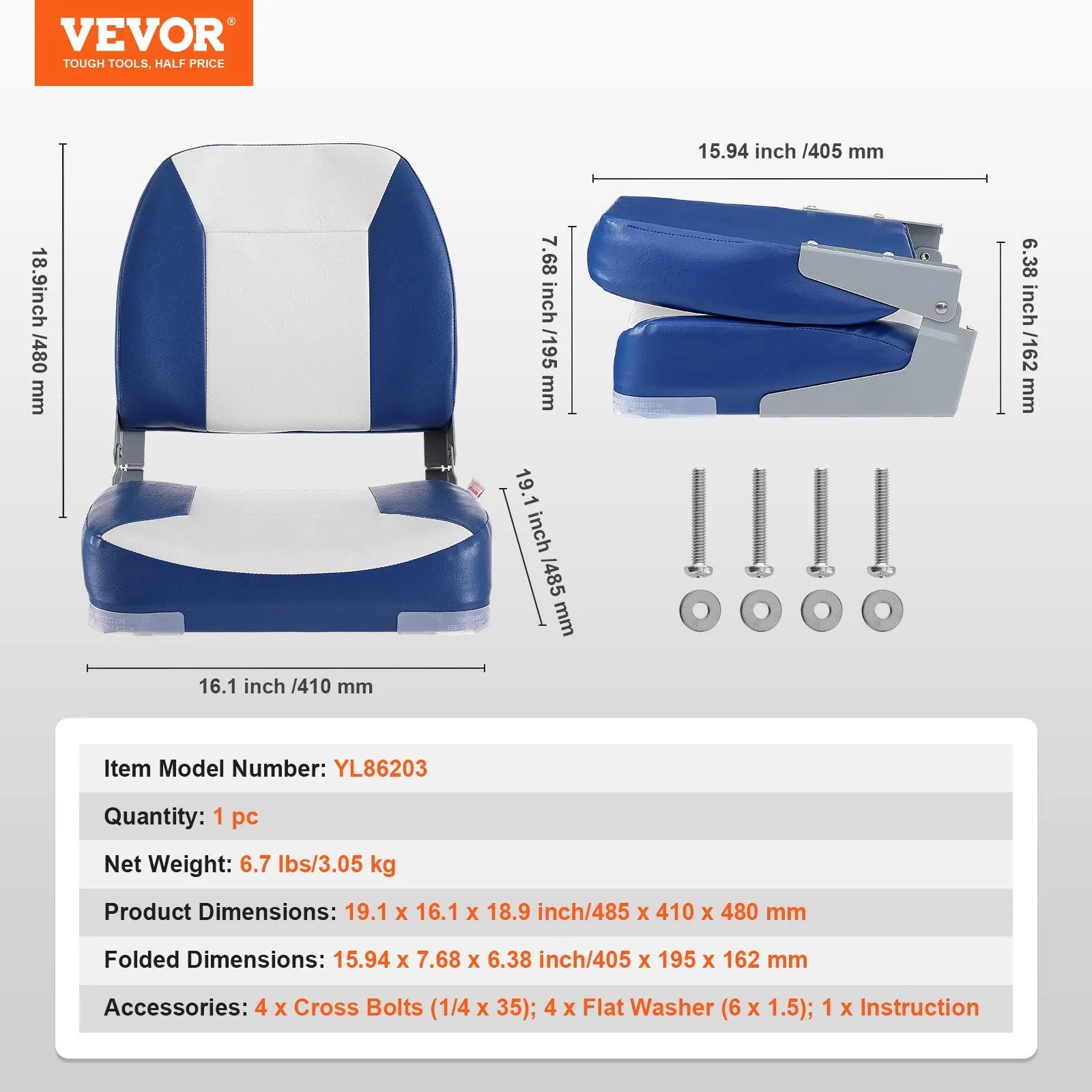 VEVOR Boat Seat Low Back Fold-Down Fishing Boat Seat Chair with Sponge Padding