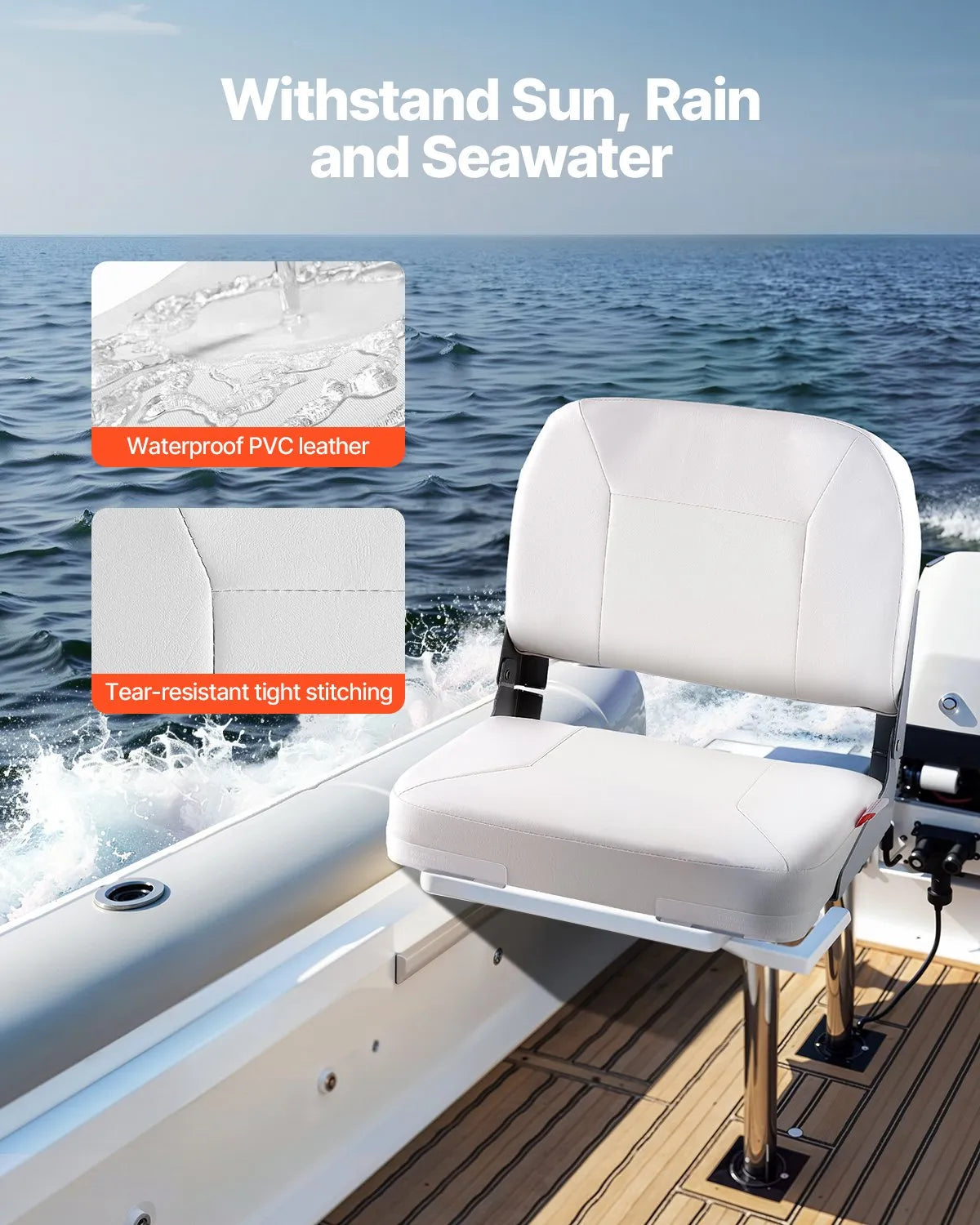 VEVOR Boat Seat, Low Backrest, Folding Fishing Boat Seat with Thickened Sponge Cushion & Waterproof PVC Leather, Aluminum Alloy Hinges, Flip Up Boat Seat for Fishing Boats, Yachts, Ships, White