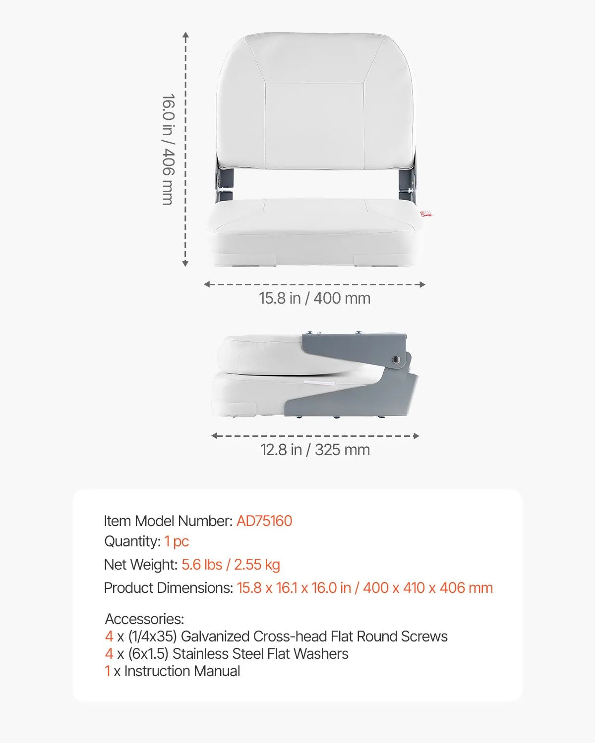 VEVOR Boat Seat, Low Backrest, Folding Fishing Boat Seat with Thickened Sponge Cushion & Waterproof PVC Leather, Aluminum Alloy Hinges, Flip Up Boat Seat for Fishing Boats, Yachts, Ships, White