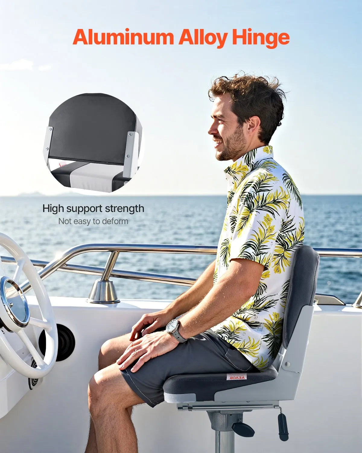 VEVOR Boat Seat, Low Backrest, Folding Fishing Boat Seat with Thickened Sponge Cushion & Waterproof PVC Leather, Aluminum Alloy Hinges, Flip Up Boat Seat for Fishing Boats, Yachts, Ships, Black & Grey