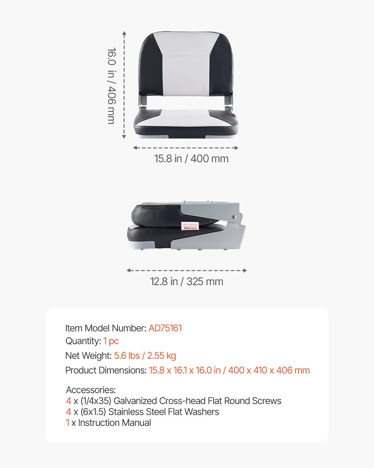 VEVOR Boat Seat, Low Backrest, Folding Fishing Boat Seat with Thickened Sponge Cushion & Waterproof PVC Leather, Aluminum Alloy Hinges, Flip Up Boat Seat for Fishing Boats, Yachts, Ships, Black & Grey