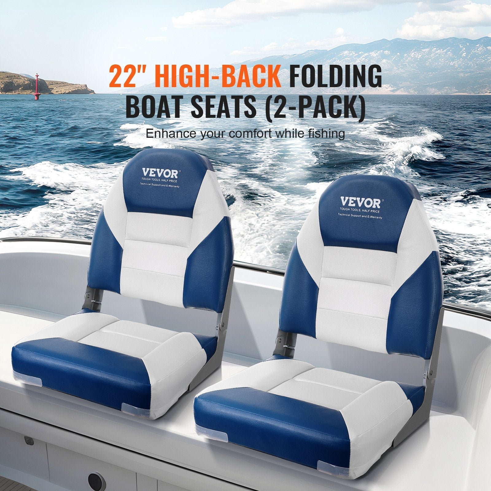 VEVOR Boat Seats, 21.85" High Back Boat Seat, Folding Boat Chair with Thickened Sponge Padding and Hinge, Fold-Down Boat Captain Chairs for Fishing Boat, Sightseeing Boat, Speedboat, Canoe, 2-Pack