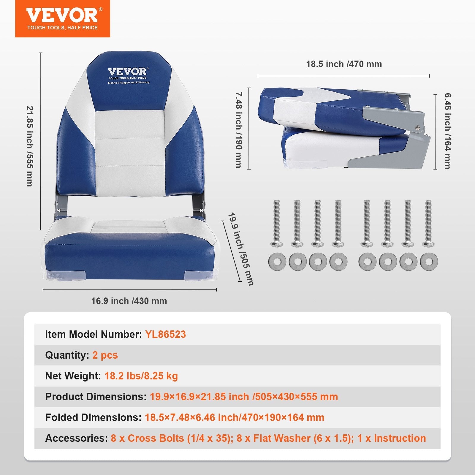 VEVOR Boat Seats, 21.85" High Back Boat Seat, Folding Boat Chair with Thickened Sponge Padding and Hinge, Fold-Down Boat Captain Chairs for Fishing Boat, Sightseeing Boat, Speedboat, Canoe, 2-Pack