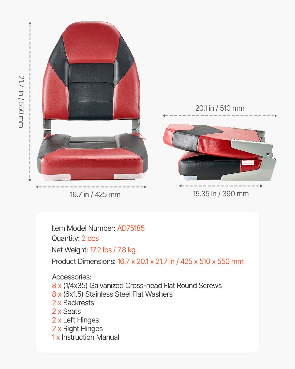 VEVOR Boat Seat High Backrest Folding Boat Seat Sponge Cushion Black & Red