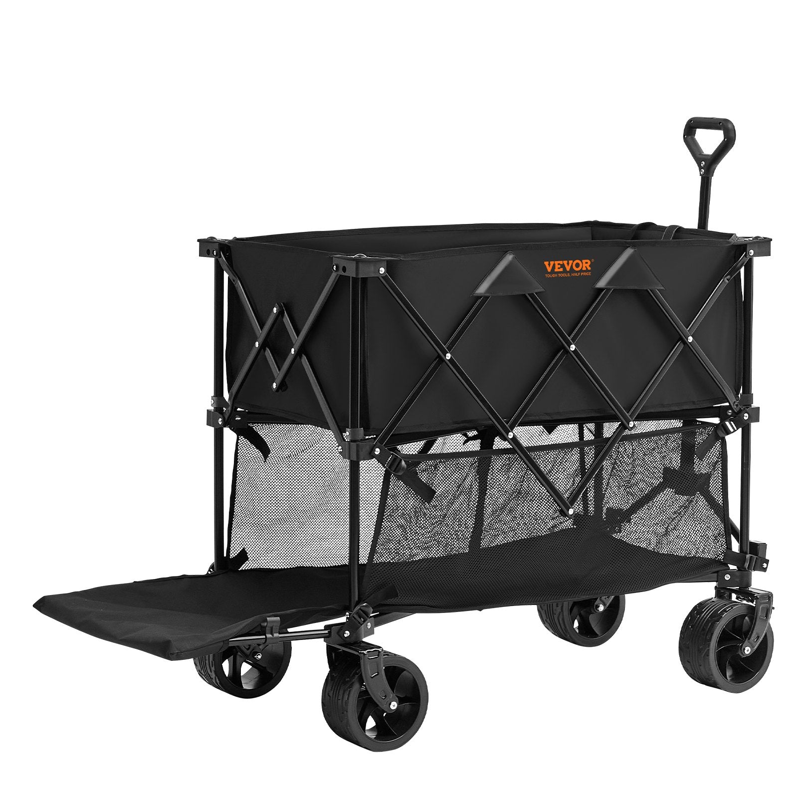Foldable Double Decker Wagon, 400L Collapsible Wagon Cart with All-Terrain Wheels, Heavy Duty Folding Wagon Cart 350 lbs Weight Capacity for Camping, Shopping, Garden, 52" Extra Long Extender
