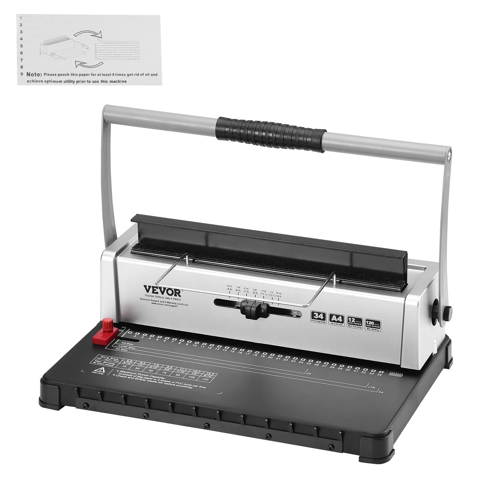 VEVOR Coil Spiral Binding Machine, Manual Book Maker 34-Holes Binding 120 Sheets, Punch Binder with Adjustable 3/16" - 9/16" Coil Binding Spines and Side Margin, for Letter Size, A4, A5