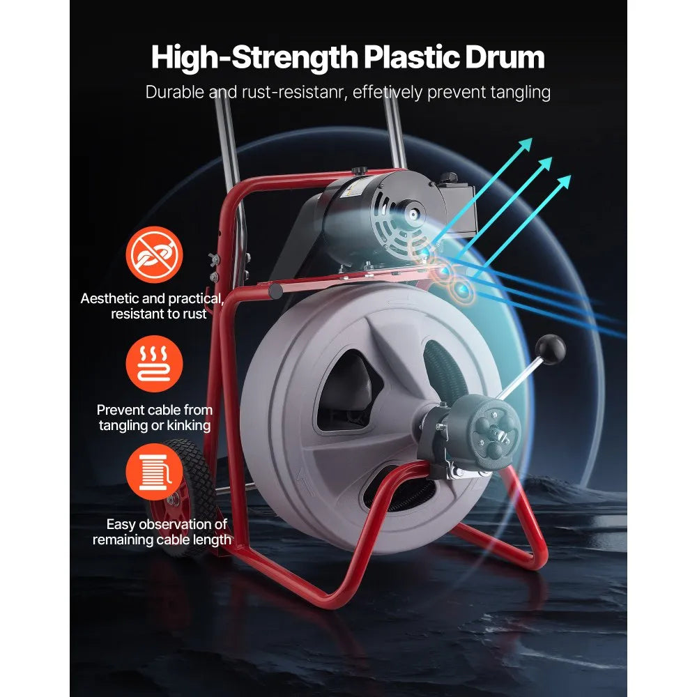 Drain Cleaner Machine 100 FT x 1/2" – Automatic Feed Sewer Snake with 8 Cutters & Foot Switch – For 2"–6" Pipes