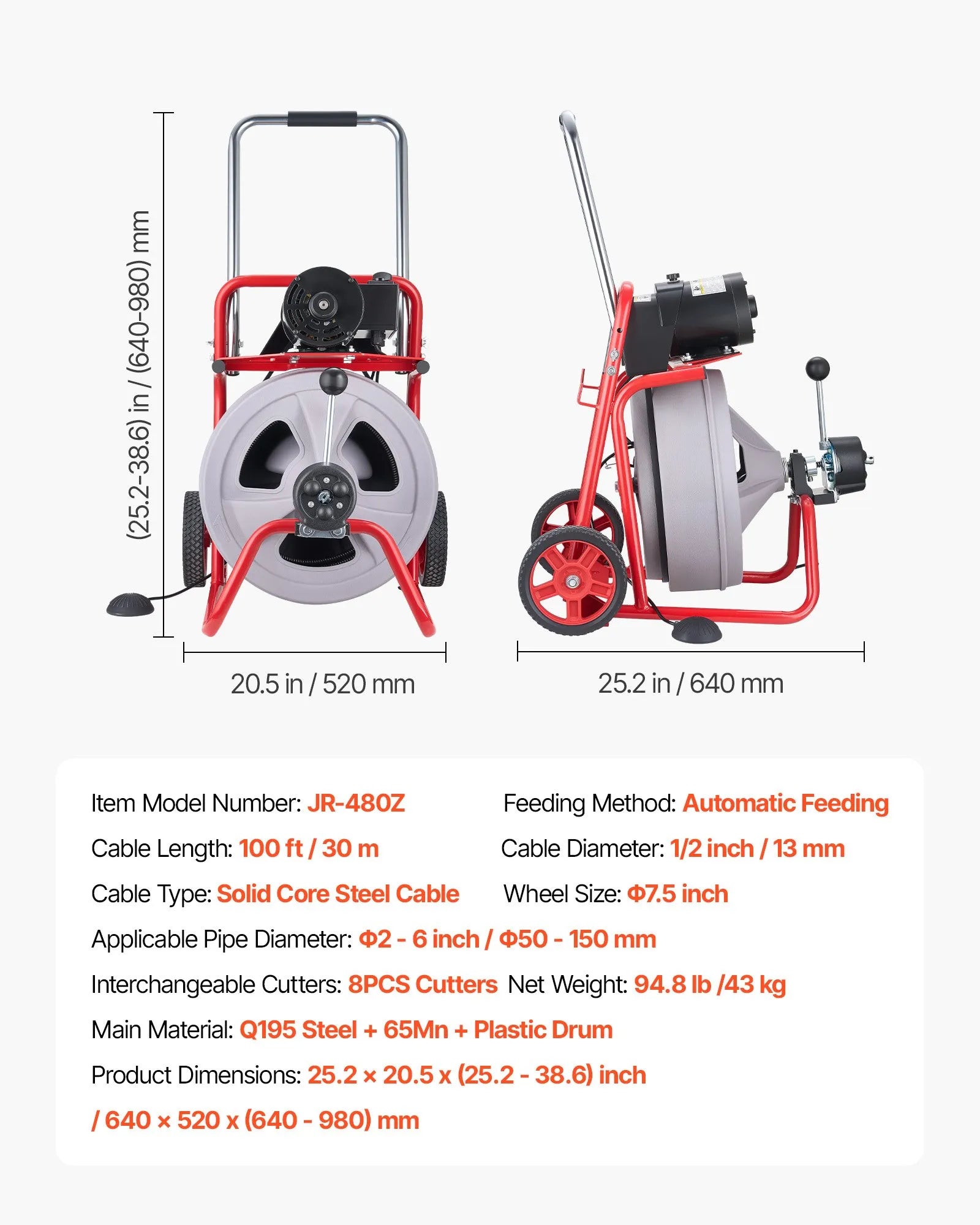 Drain Cleaner Machine 100 FT x 1/2" – Automatic Feed Sewer Snake with 8 Cutters & Foot Switch – For 2"–6" Pipes