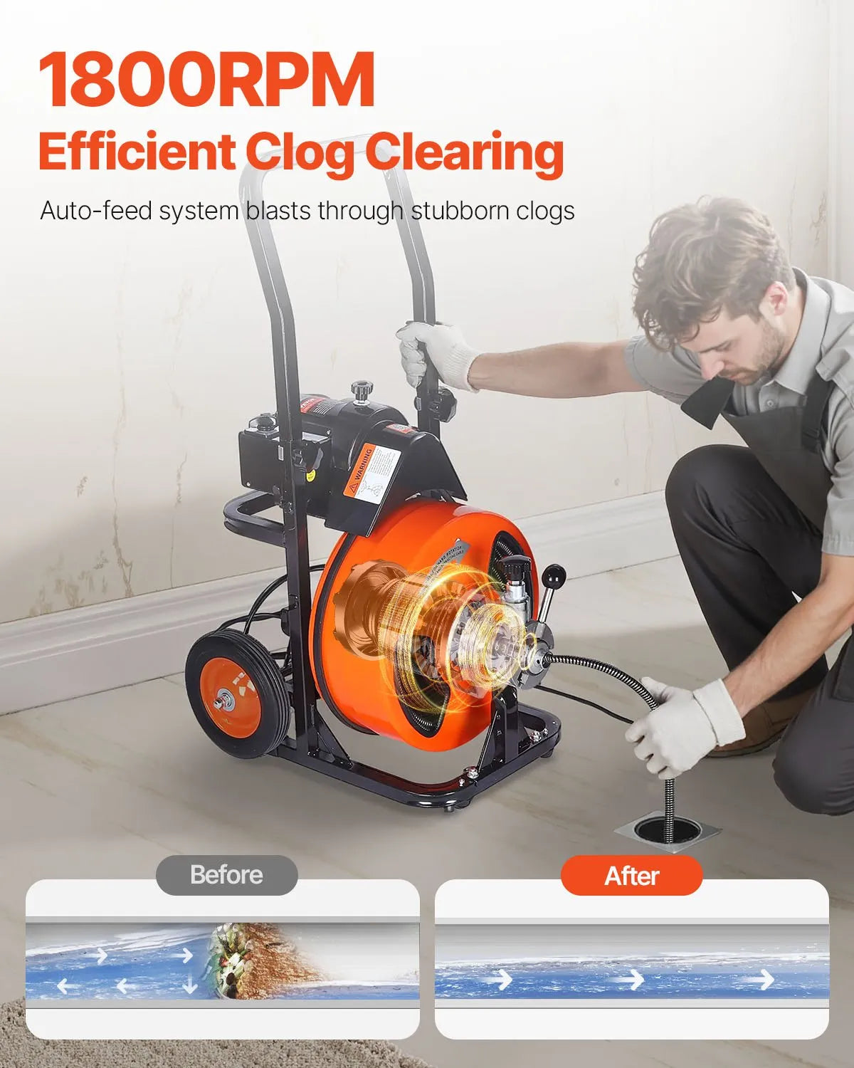 VEVOR Drain Cleaner Machine 50 FT X 3/8 Inch, Sewer Snake Machine Auto Feed, Drain Cleaning Machine with 4 Cutter & Air-activated Foot Switch for 1" to 4" Pipes