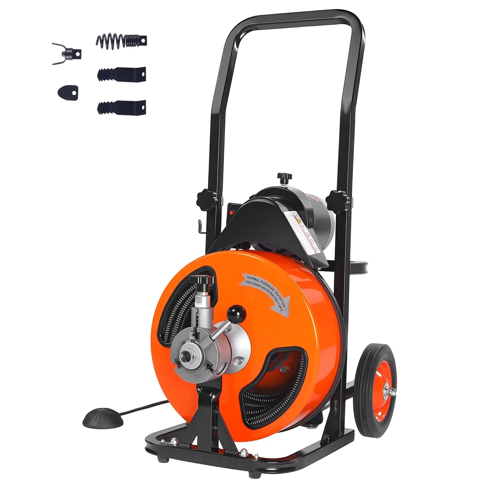 VEVOR Drain Cleaner Machine 50 FT X 3/8 Inch, Sewer Snake Machine Auto Feed, Drain Cleaning Machine with 4 Cutter & Air-activated Foot Switch for 1" to 4" Pipes