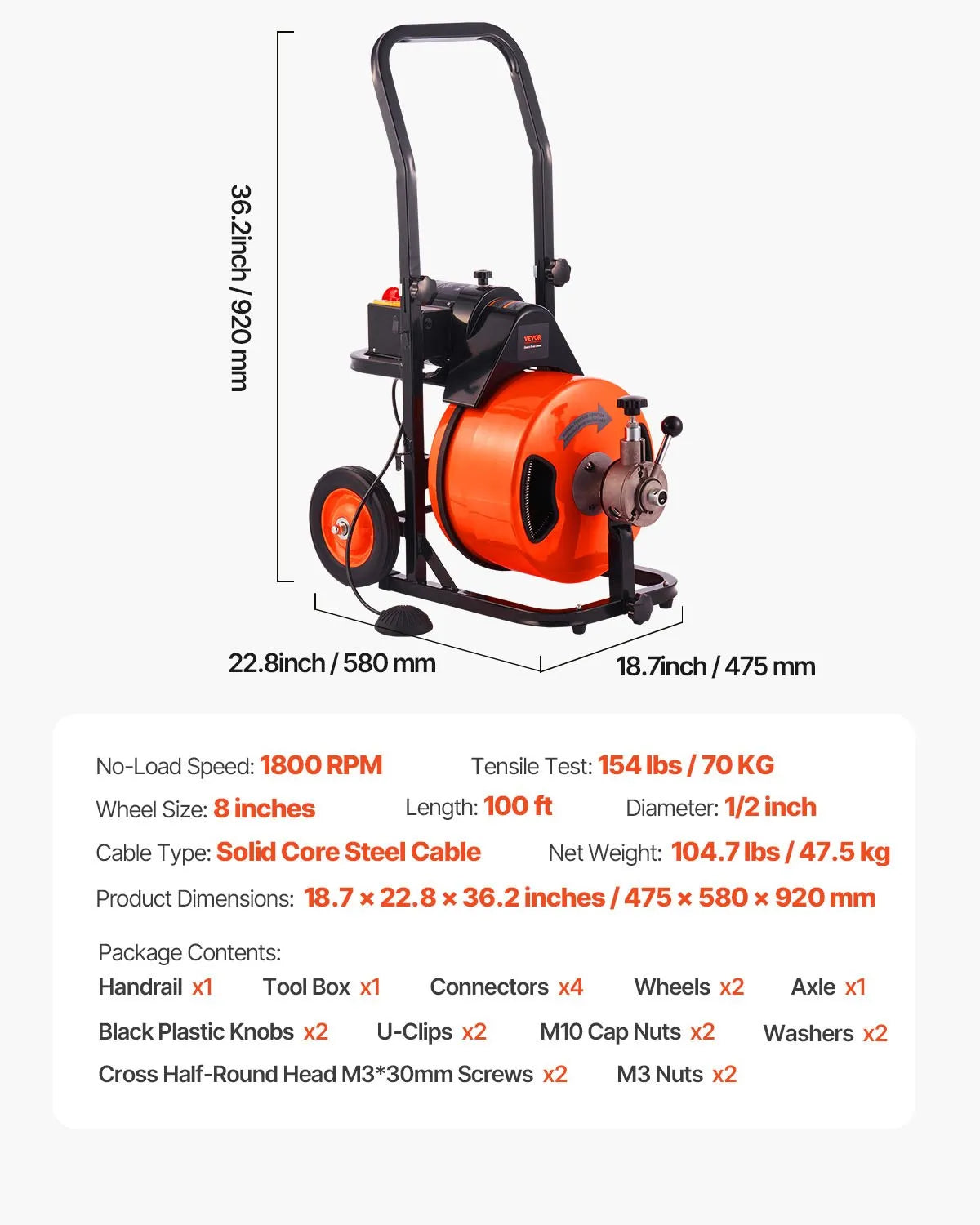 VEVOR Drain Cleaner Machine 100 Ft X 1/2 Inch, Sewer Snake Machine Auto Feed, Drain Cleaning Machine with 4 Cutter & Air-activated Foot Switch for 1" to 4" Pipes