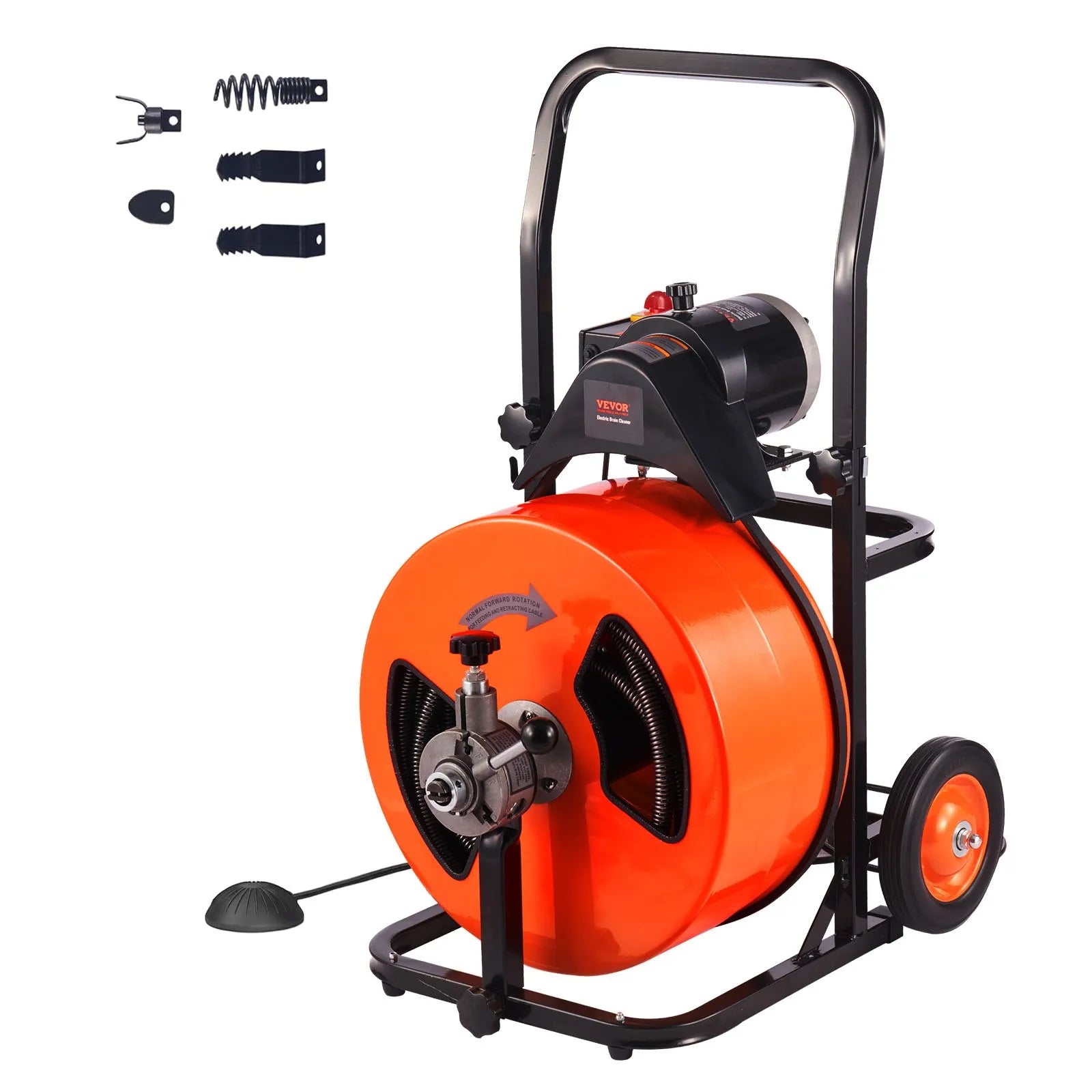 VEVOR Drain Cleaning Machine 100FT x 3/4 Inch, Sewer Snake Machine Auto Feed, Drain Auger Cleaner with 4 Cutter & Air-Activated Foot Switch for 1" to 4" Pipes