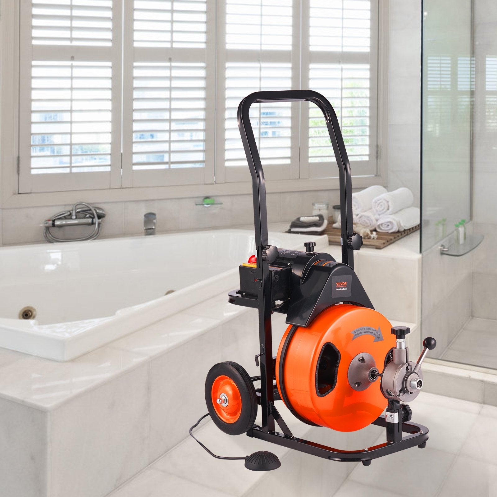 VEVOR Drain Cleaner Machine 100 Ft X 3/8 Inch, Sewer Snake Machine Auto Feed, Drain Cleaning Machine with 4 Cutter & Air-Activated Foot Switch for 1" to 4" Pipes