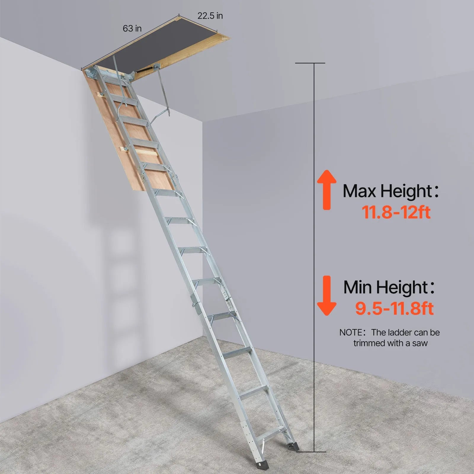 VEVOR Attic Ladder Foldable, 350-pound Capacity, 22.5" x 63", Multi-Purpose Aluminium Extension, Lightweight and Portable, Fits 9.5'-12' Ceiling Heights, Convenient Access to Your Attic Standard