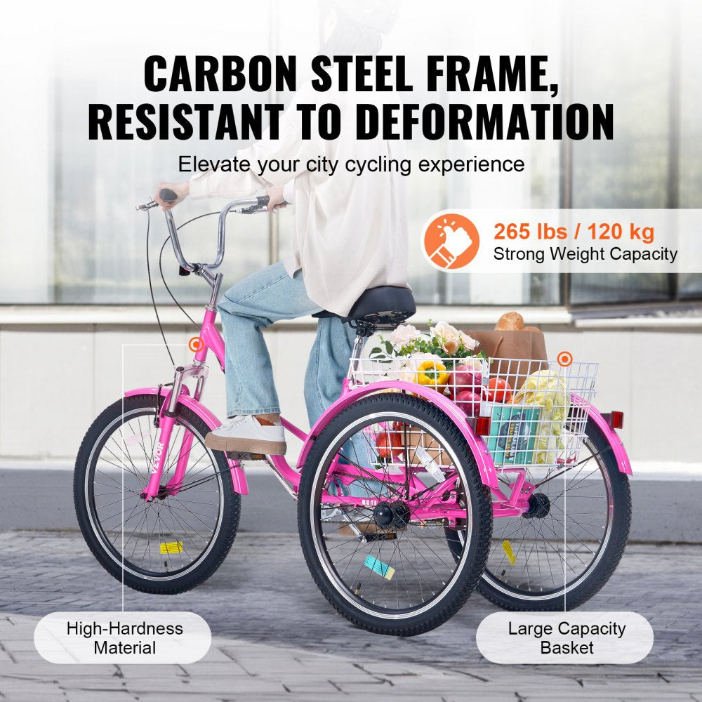 VEVOR Folding Adult Tricycle, 26-Inch Adult Folding Trikes, Carbon Steel 3 Wheel Cruiser Bike with Large Basket & Adjustable Seat, Shopping Picnic Foldable Tricycles for Women, Men, Seniors (Pink)