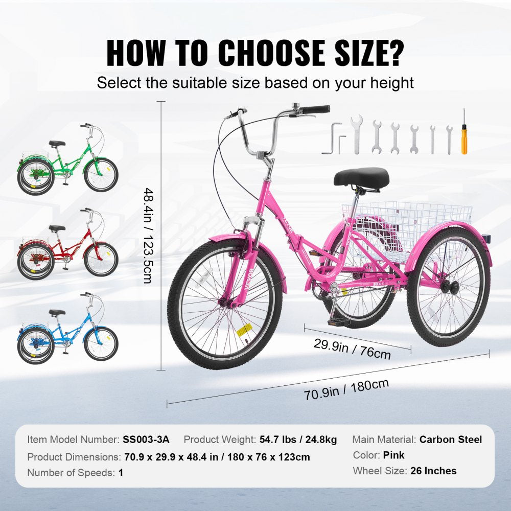VEVOR Folding Adult Tricycle, 26-Inch Adult Folding Trikes, Carbon Steel 3 Wheel Cruiser Bike with Large Basket & Adjustable Seat, Shopping Picnic Foldable Tricycles for Women, Men, Seniors (Pink)