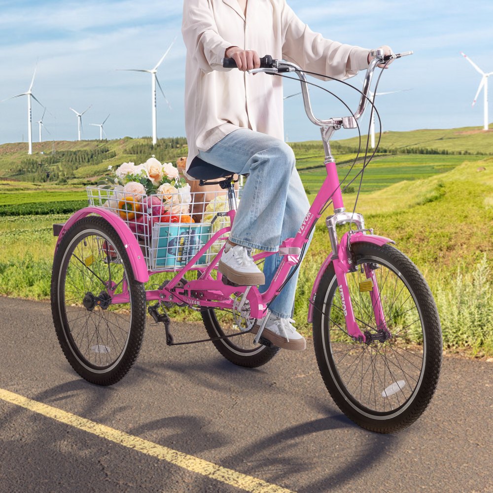 VEVOR Folding Adult Tricycle, 26-Inch 7-Speed Adult Folding Trikes, Carbon Steel 3 Wheel Cruiser Bike with Basket & Adjustable Seat, Shopping Picnic Foldable Tricycles for Women, Men, Seniors (Pink)