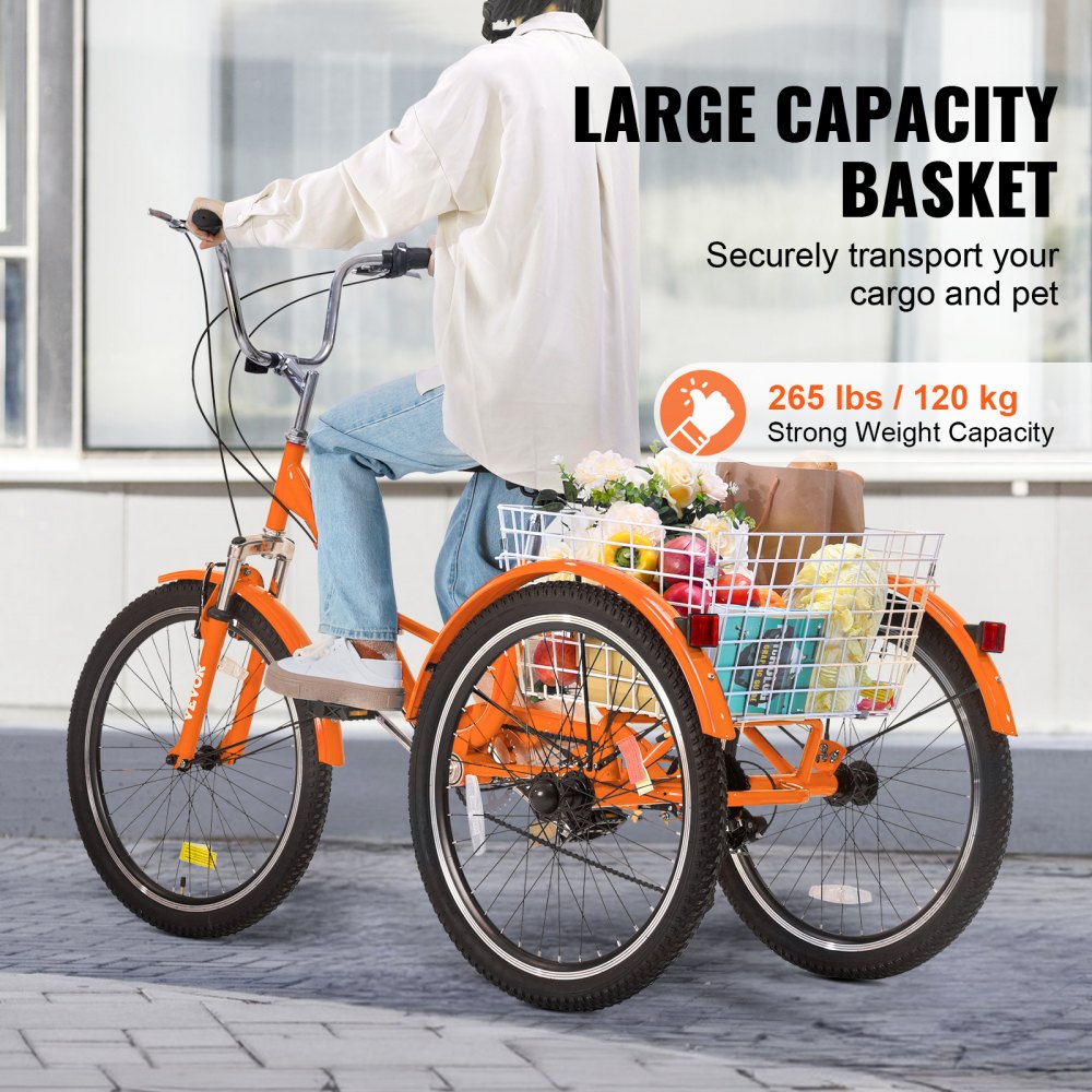 VEVOR Folding Adult Tricycle, 24-Inch 7-Speed Adult Folding Trikes, Carbon Steel 3 Wheel Cruiser Bike with Basket & Adjustable Seat, Shopping Picnic Foldable Tricycles for Women, Men, Seniors (Orange)