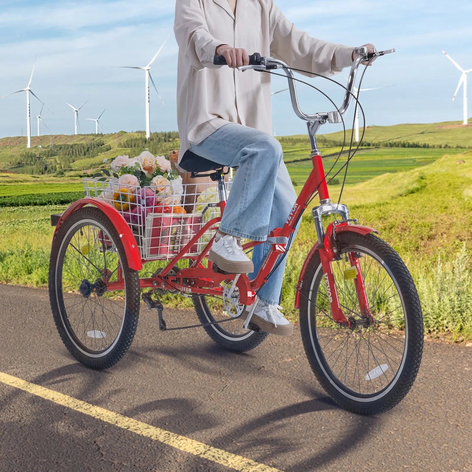 VEVOR Folding Adult Tricycle, 24-Inch Adult Folding Trikes, Carbon Steel 3 Wheel Cruiser Bike with Large Basket & Adjustable Seat, Shopping Picnic Foldable Tricycles for Women, Men, Seniors (Red)