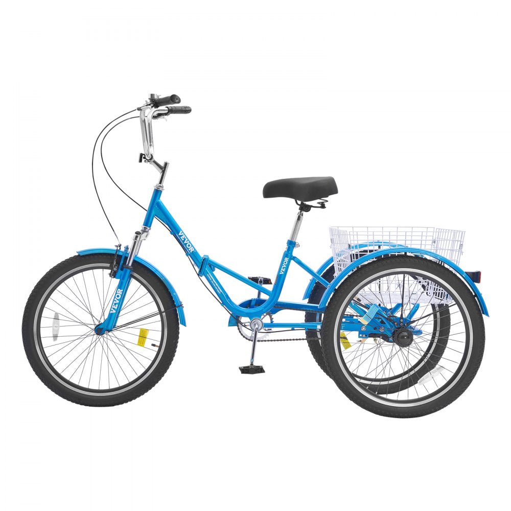 VEVOR Folding Adult Tricycle, 26-Inch Adult Folding Trikes, Carbon Steel 3 Wheel Cruiser Bike with Large Basket & Adjustable Seat, Shopping Picnic Foldable Tricycles for Women, Men, Seniors (Blue)