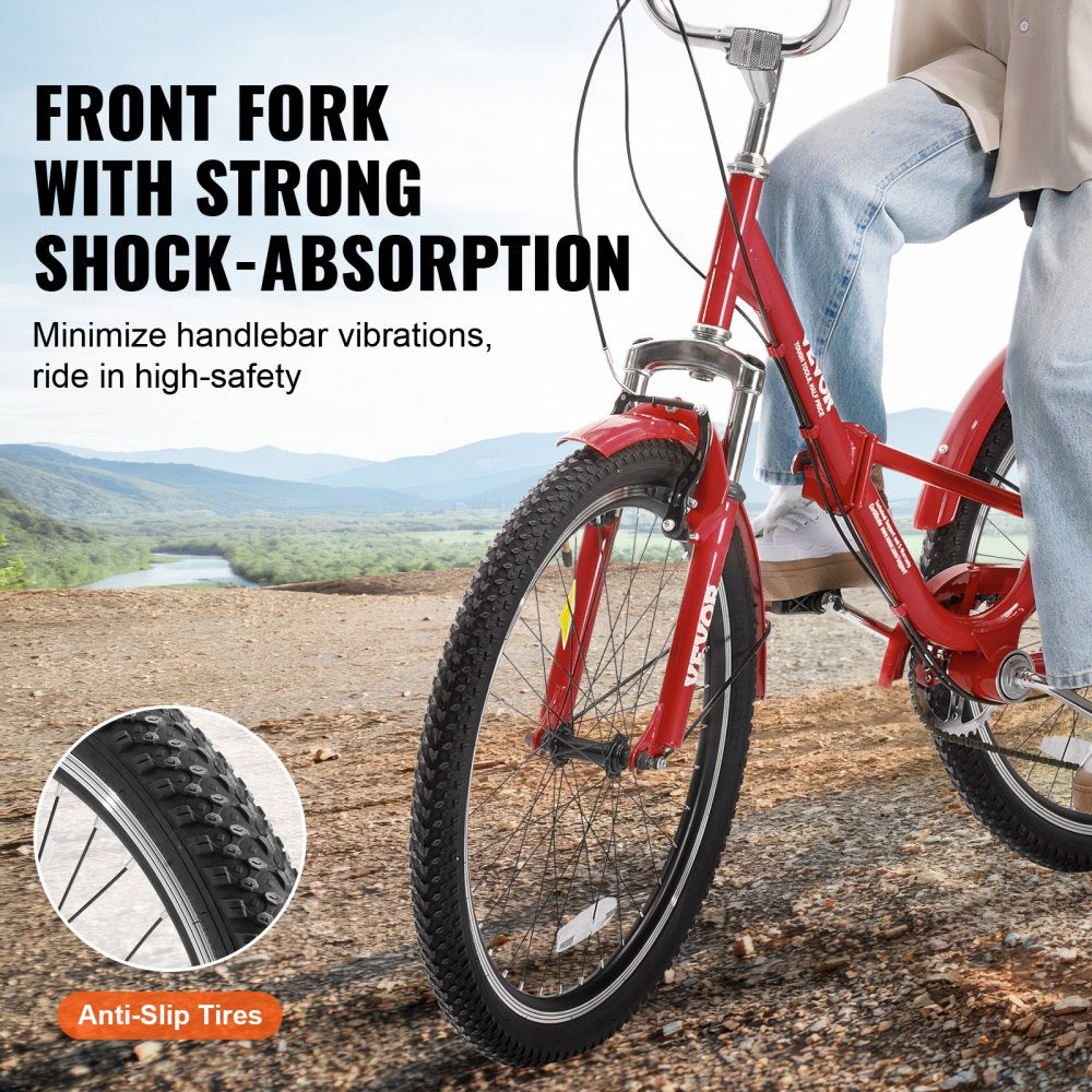 VEVOR Folding Adult Tricycle, 26-Inch 7-Speed Adult Folding Trikes, Carbon Steel 3 Wheel Cruiser Bike with Basket & Adjustable Seat, Shopping Picnic Foldable Tricycles for Women, Men, Seniors (Red)